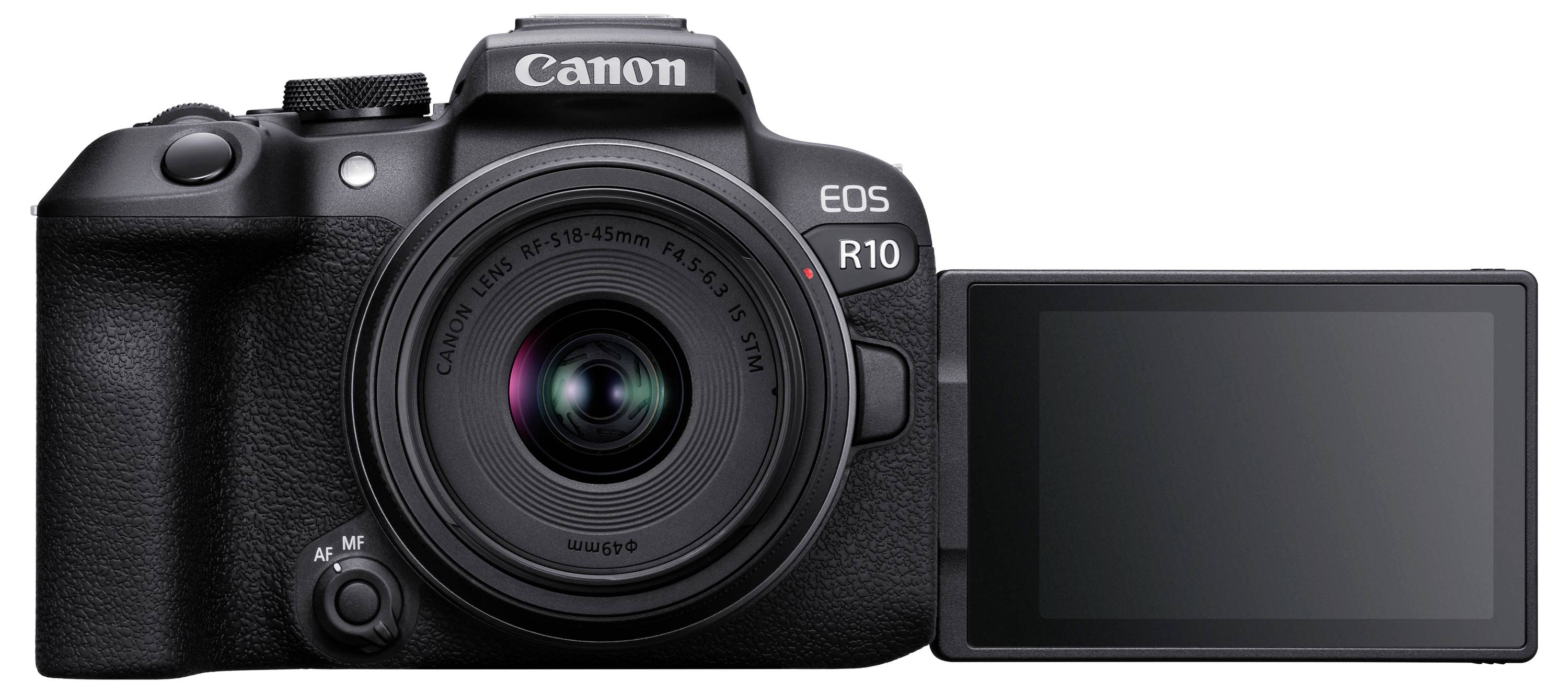 Fotoaparát Canon EOS R10 s otevřeným LCD displejem na pravé straně, zobrazující design objektivu a přední části těla.