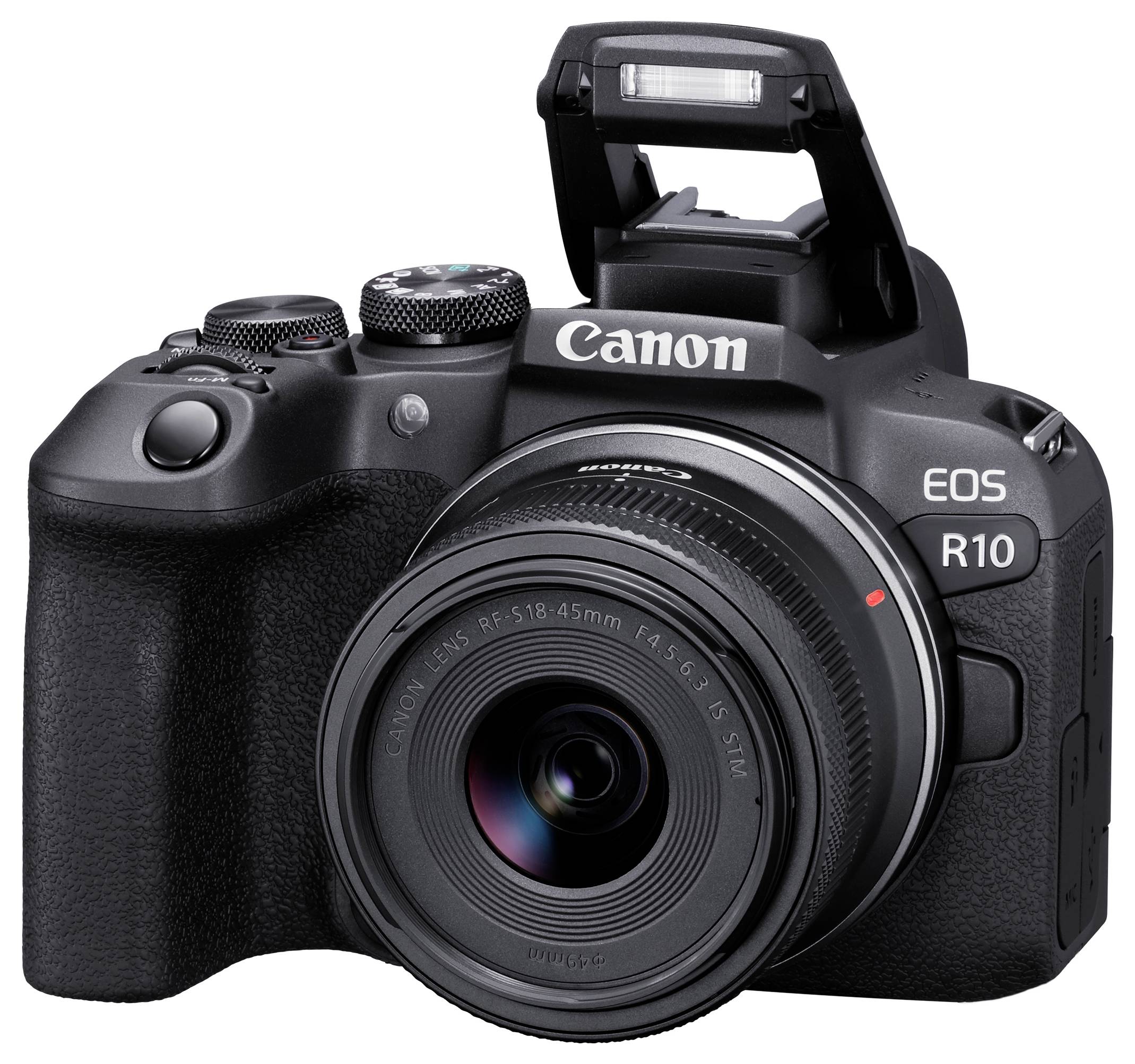 Fotoaparát Canon EOS R10 s výrazným objektivem a zdviženým bleskem, zobrazující firemní značku a detaily modelu.