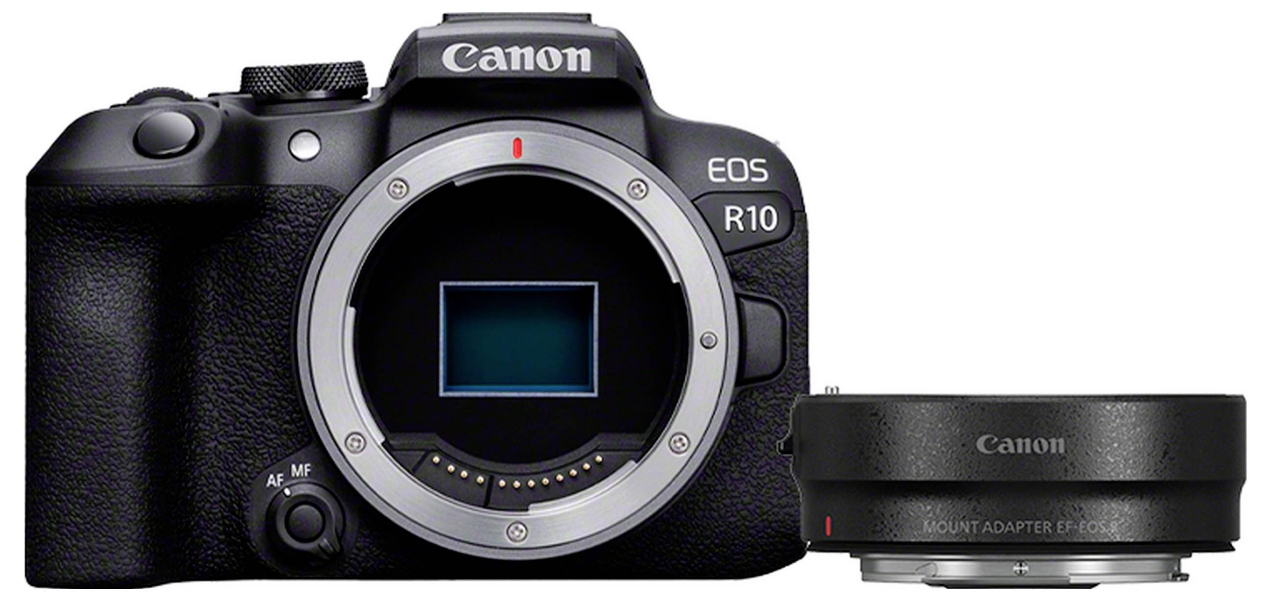 Tělo fotoaparátu Canon EOS R10 s nasazeným adaptérem objektivu umístěné vedle sebe.