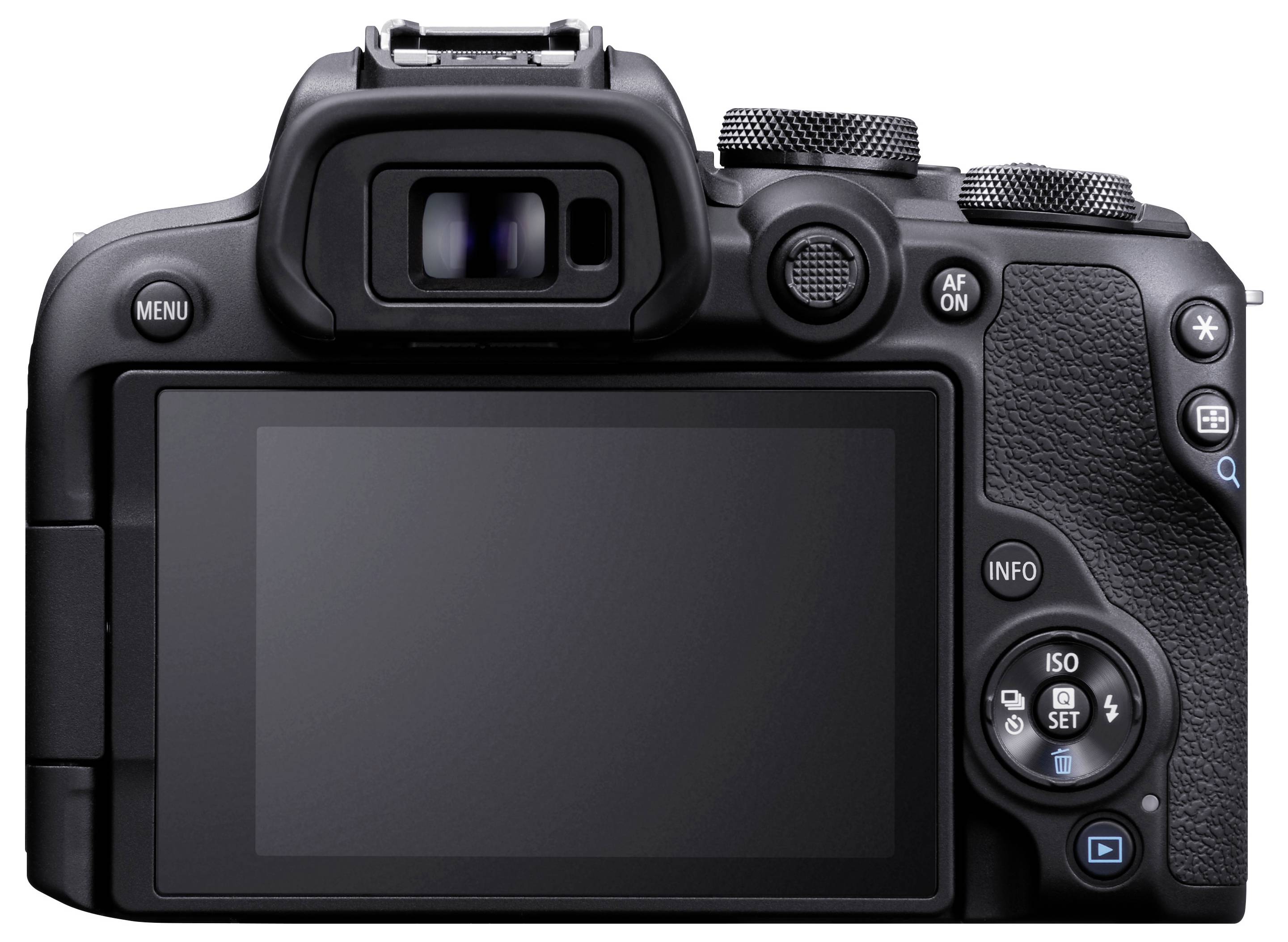 Pohled zezadu na digitální fotoaparát zobrazující displej, hledáček a různé ovládací tlačítka.