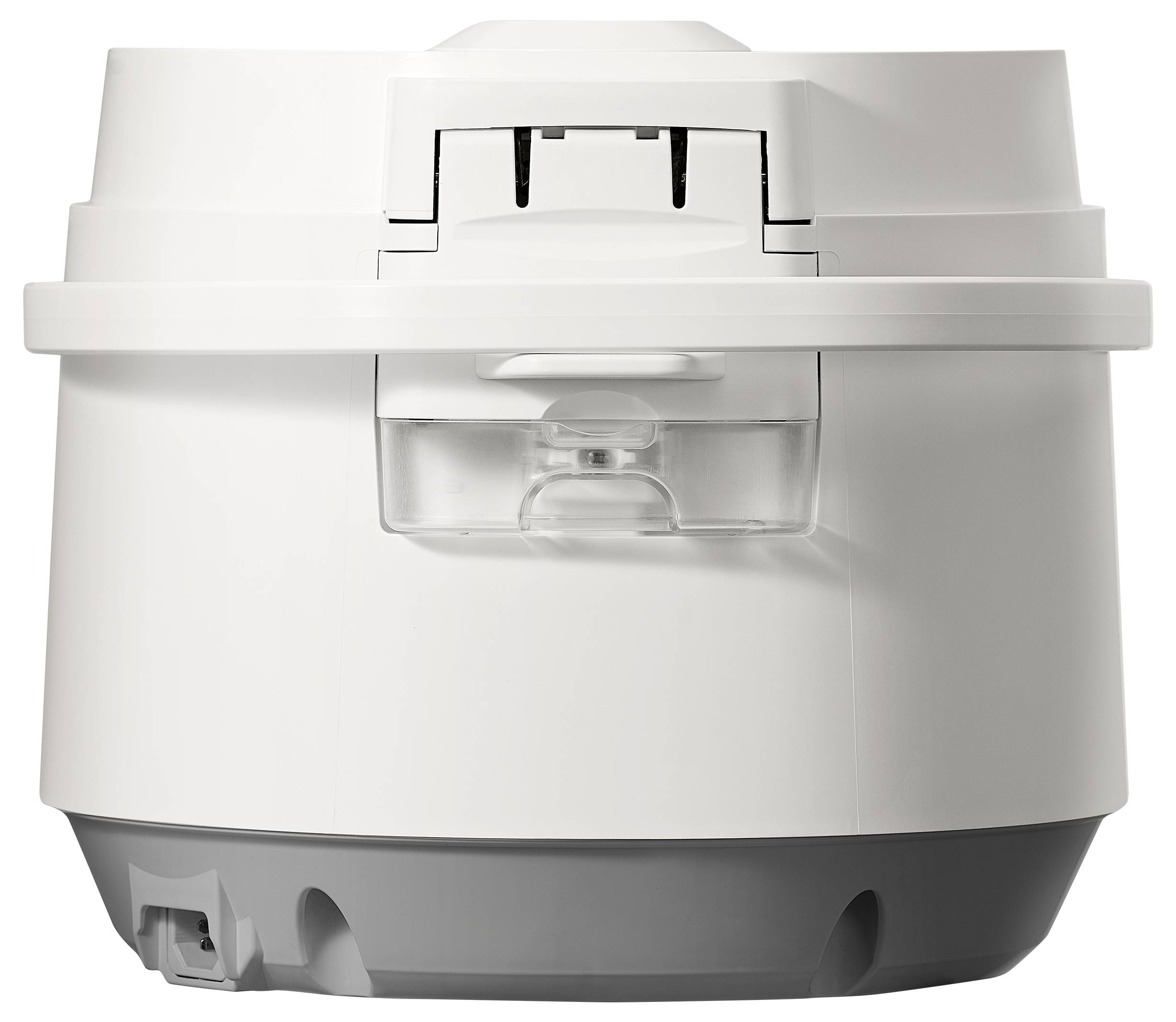 Bílý a šedý elektronický spotřebič se zaoblenými tvary a průhledným panelem vpředu, pravděpodobně určený pro vaření nebo ohřev.