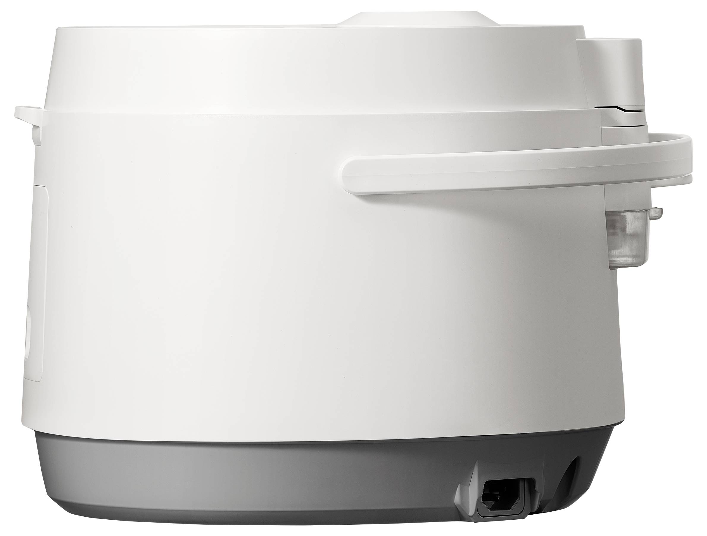 Bílý elektrický hrnec na rýži s šedou základnou, s postranní rukojetí a napájecím portem, pohled z boku.