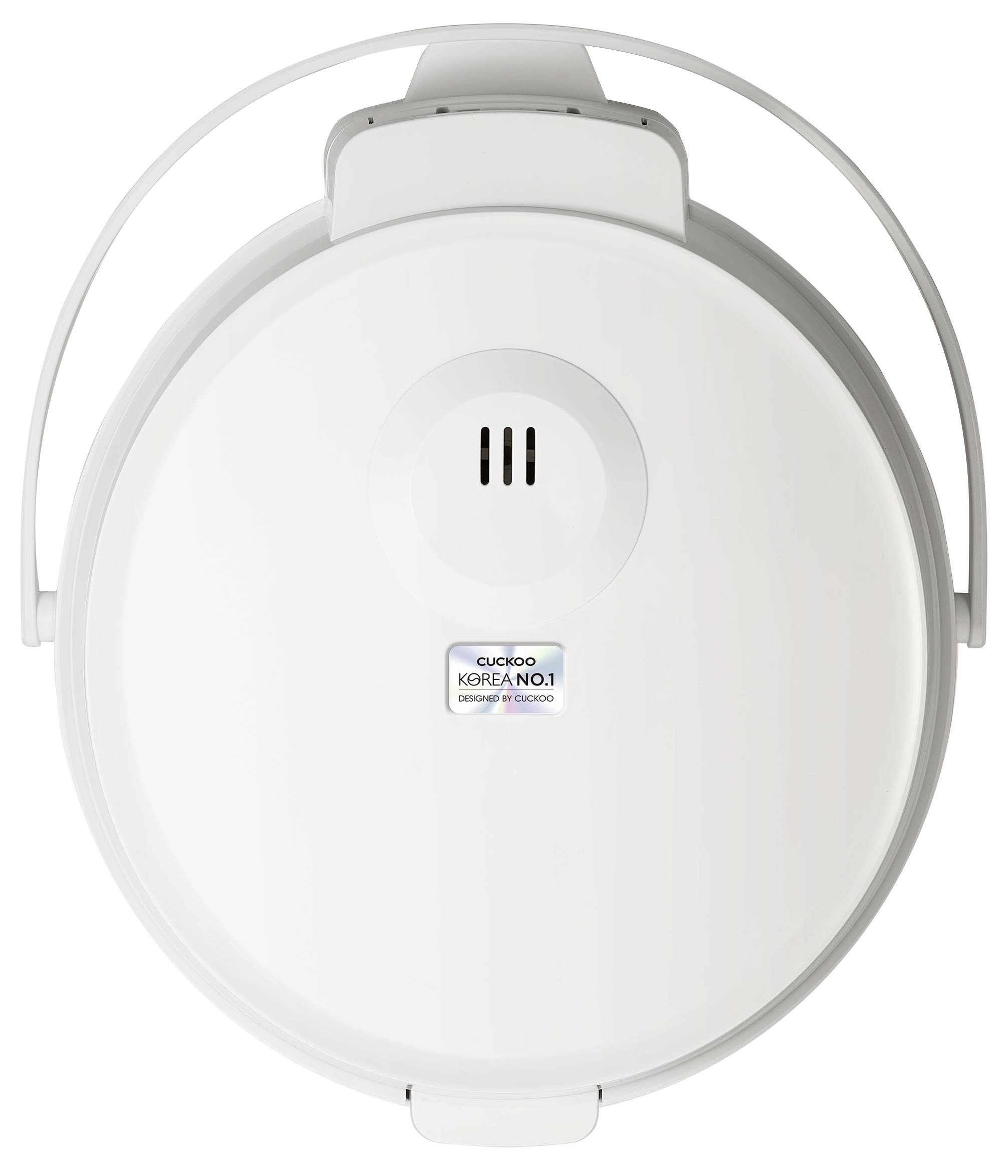 Bílý, kulatý elektrický varný hrnec na rýži pohledem shora, s rukojetí a štítkem s textem, který značí, že se jedná o prémiovou značku z Koreje.