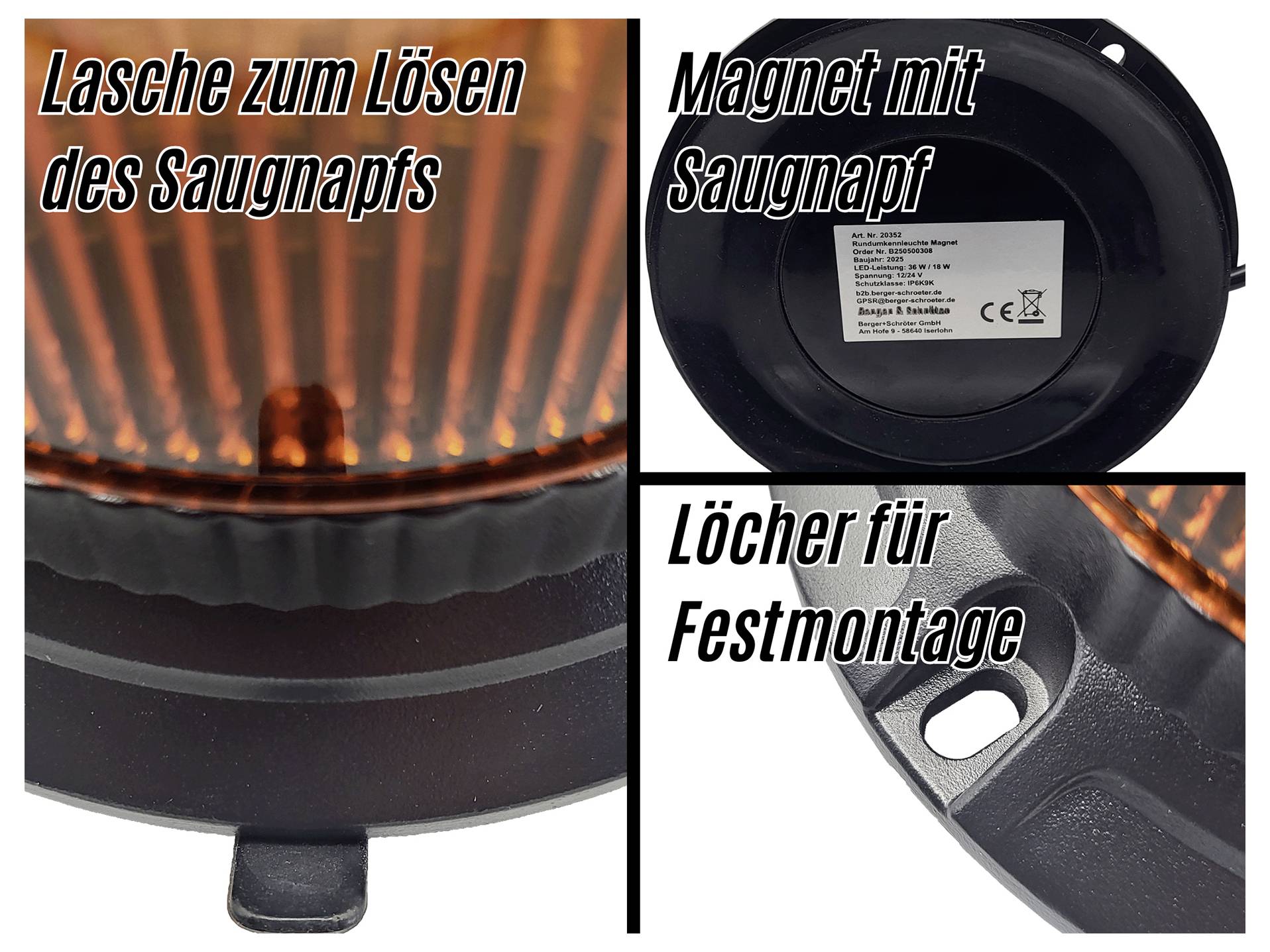"Páska pro uvolnění přísavky", "Magnet s přísavkou", "Otvory pro pevnou montáž". Detailní záběr zařízení s metodami upevnění.