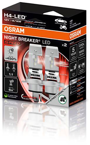 'OSRAM NIGHT BREAKER LED' osvětlovací žárovka do automobilového světlometu. Vlastnosti zahrnují 12V, +450% jasu, schváleno pro provoz na pozemních komunikacích, pětiletá záruka. Balení obsahuje dva kusy žárovek.