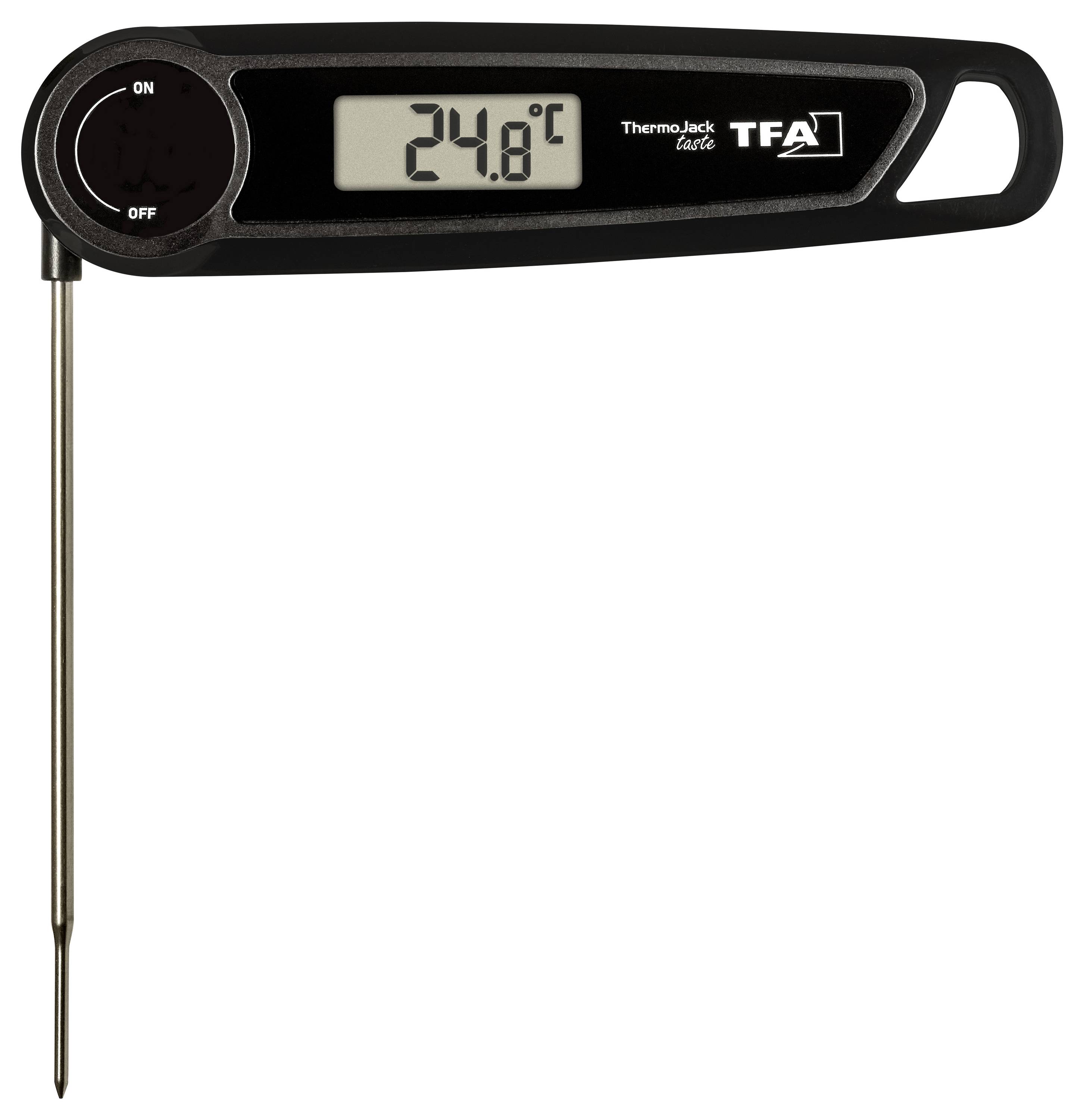 Digitální teploměr Thermo Jack TFA zobrazující teplotu 24,8°C, s vypínačem a špičatou kovovým měřicím hrotem.