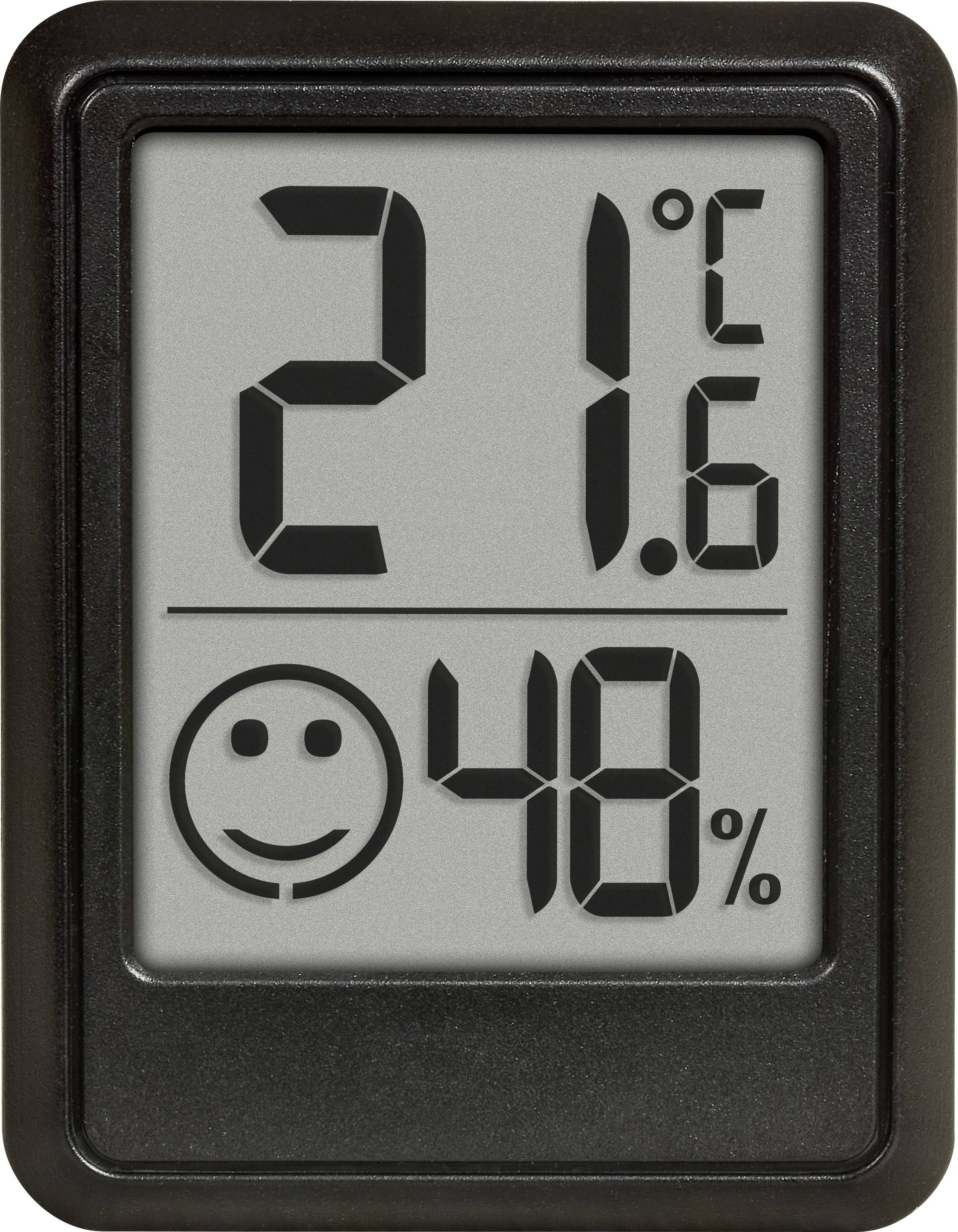 Digitální displej zobrazující teplotu 21,6 °C, ikonu usměvavého obličeje a úroveň vlhkosti 48 %