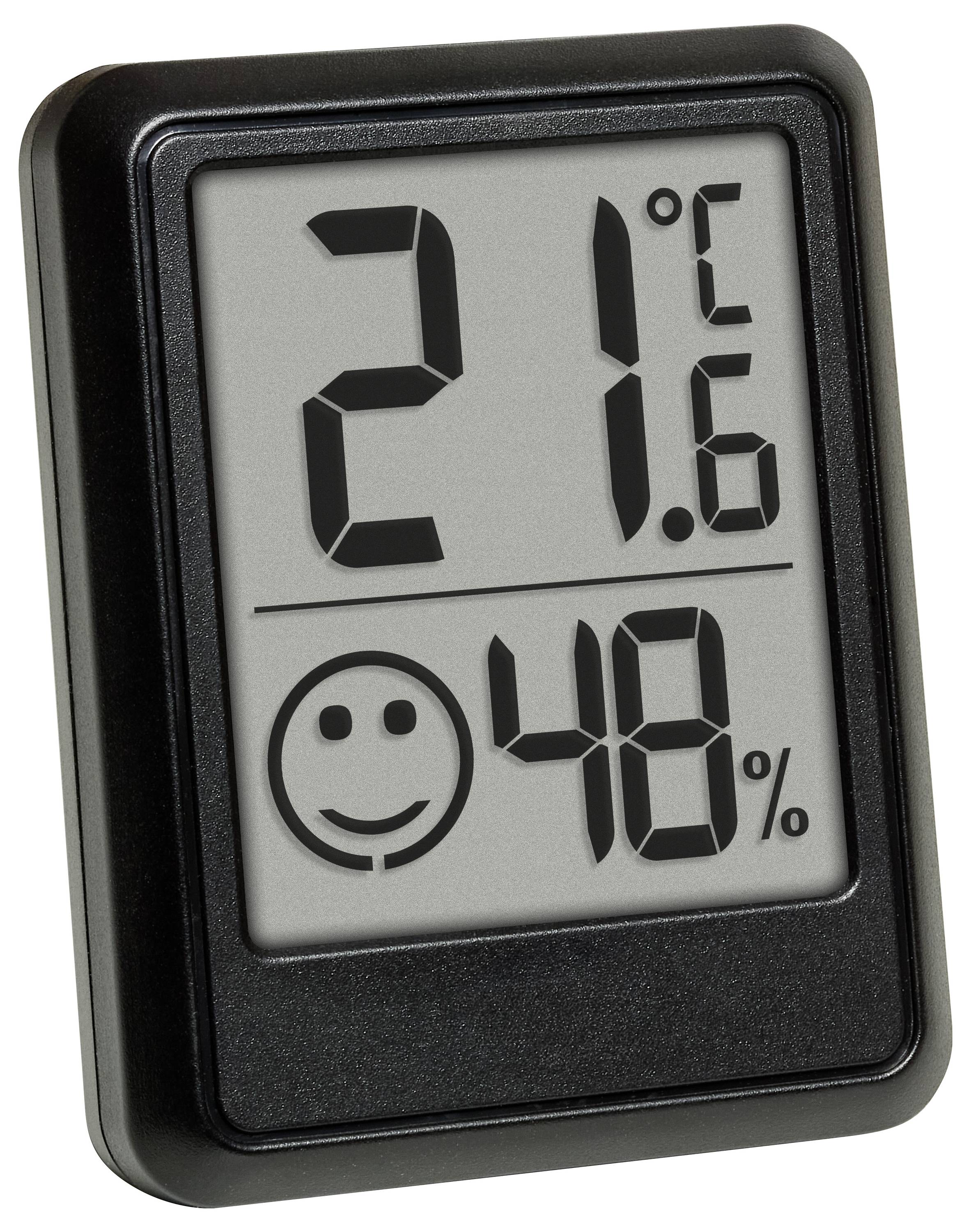 Digitální teploměr a vlhkoměr zobrazující '21,6°C' a '48 %' s ikonou usmívající se tváře.