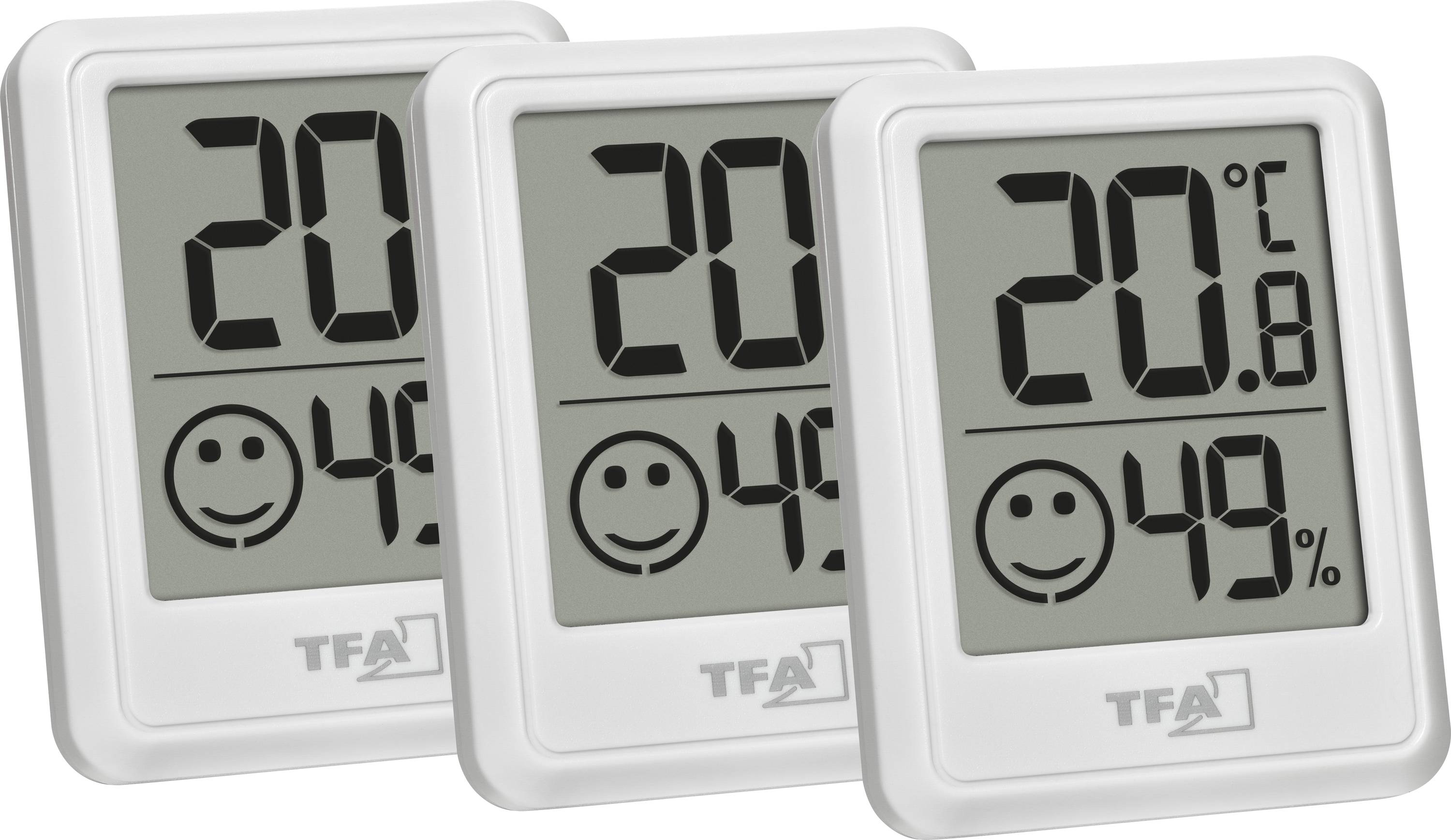 Tři digitální teploměry zobrazující '20°C' s různými úrovněmi vlhkosti: 46 %, 45 % a 49 %. Každý displej obsahuje ikonu úsměvačky.
