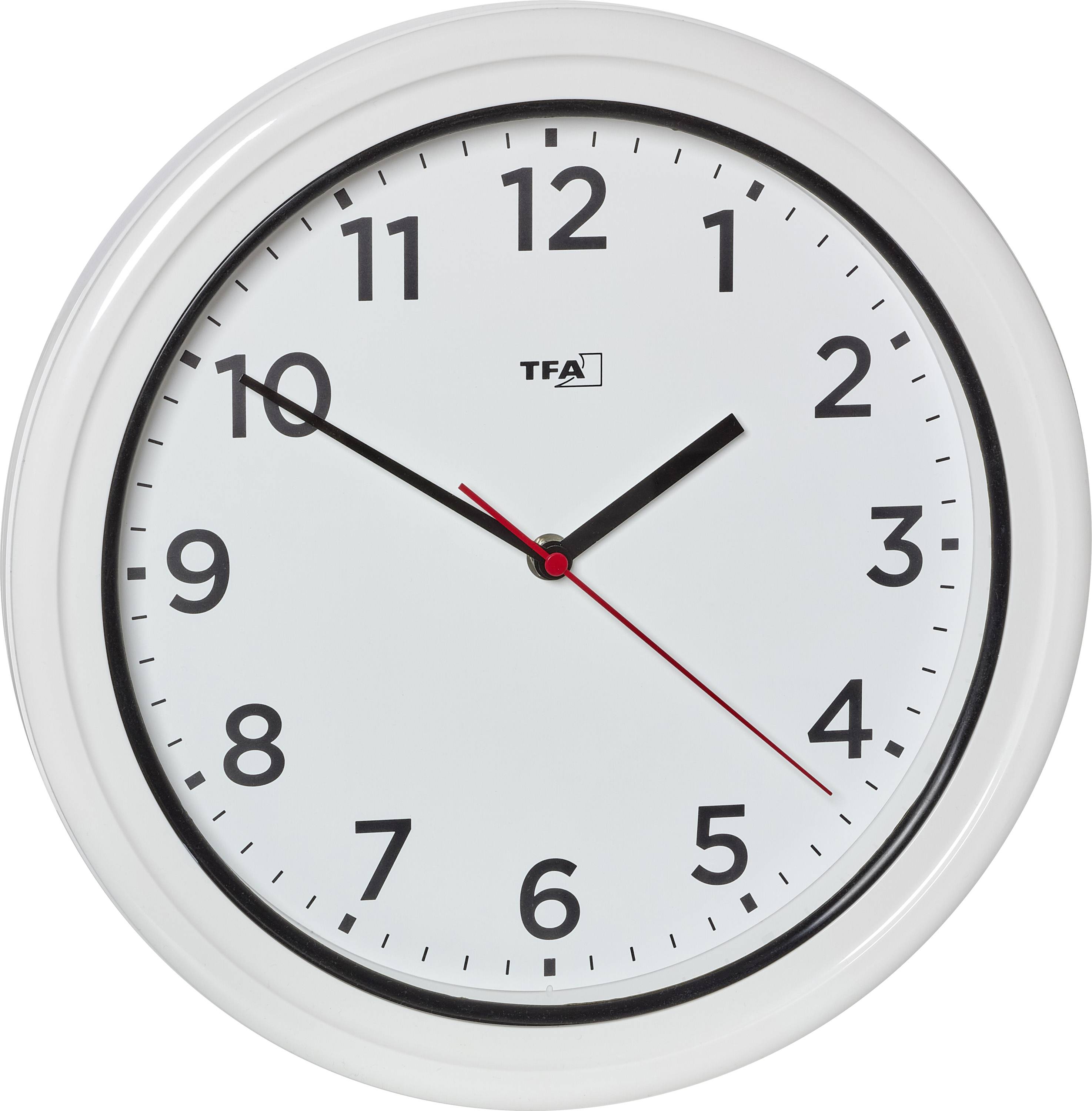 Analogové nástěnné hodiny v bílé barvě, které ukazují čas 10:09.