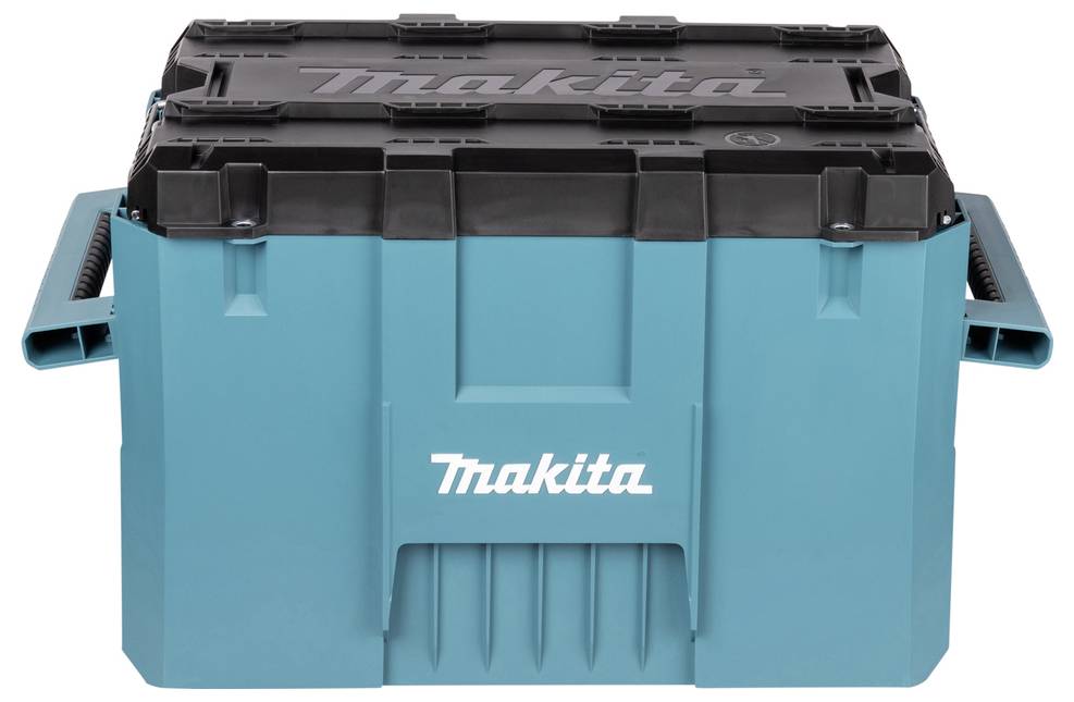 Turquoisový a černý box na skladování nářadí Makita se dvěma bočními rukojeťmi, na boku a víku je znak Makita.