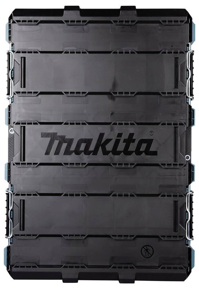 Černý úložný box Makita s logem značky. Kufr je zavřený, vybavený pevnými zámky a je určen pro skladování nářadí nebo vybavení.