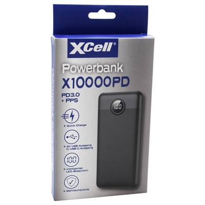 Obal 'XCell Powerbank X10000PD' zobrazující černou powerbankу s digitálním displejem. Funkce zahrnují rychlé nabíjení a několik bezpečnostních ochran.