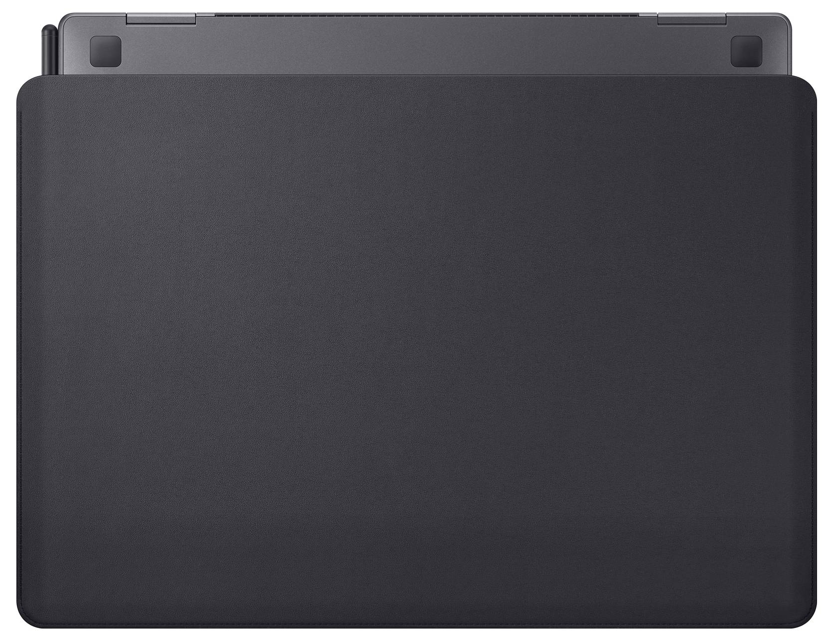 Uzavřený černý notebook zobrazený shora, ukazující zadní stranu a panty, s hladkým povrchem a bez viditelných log nebo značek.