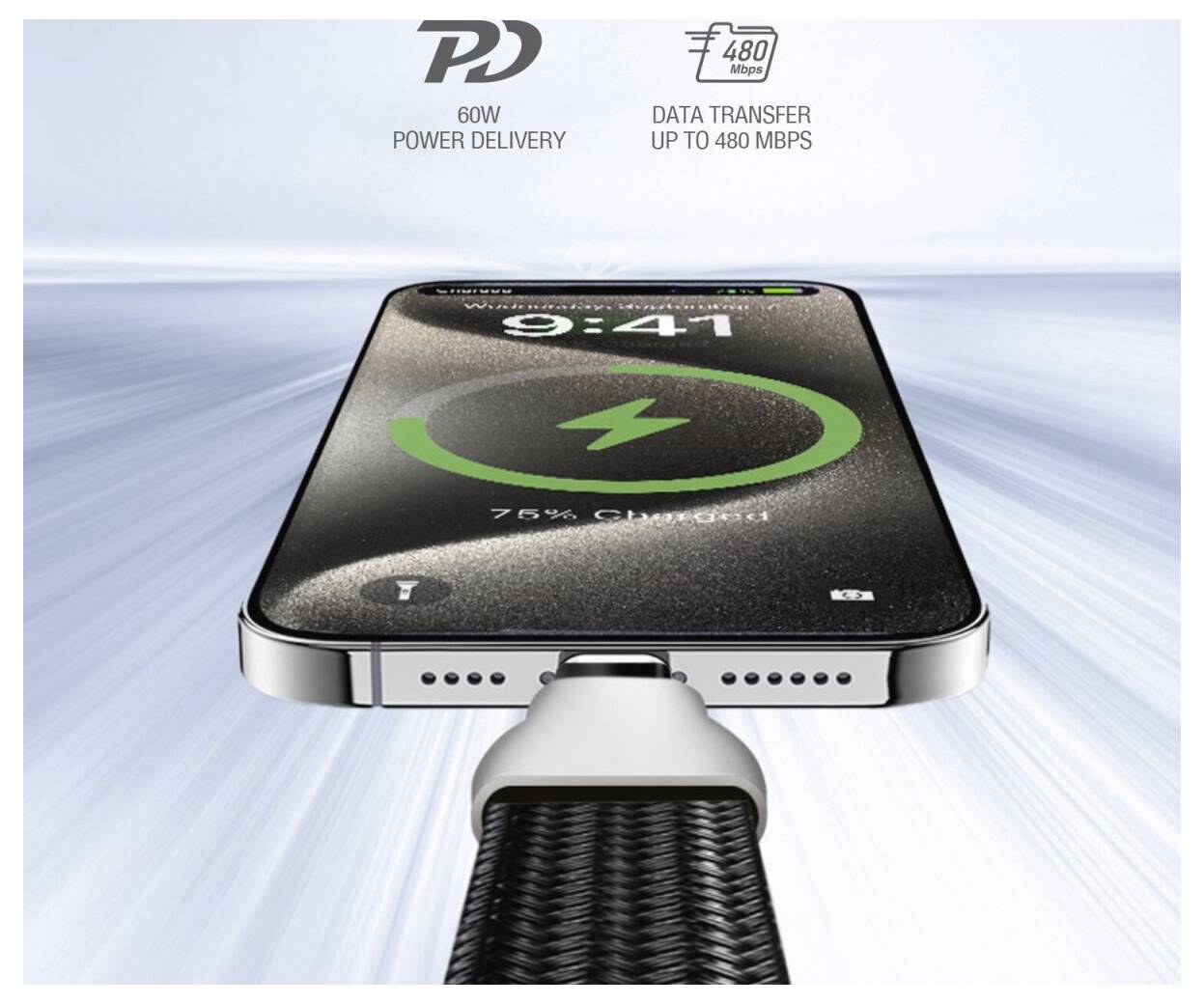 Telefon na nabíjecí podložce s ukazatelem 75% nabití. Text: PD 60W Power Delivery, přenos dat až 480 Mbps.