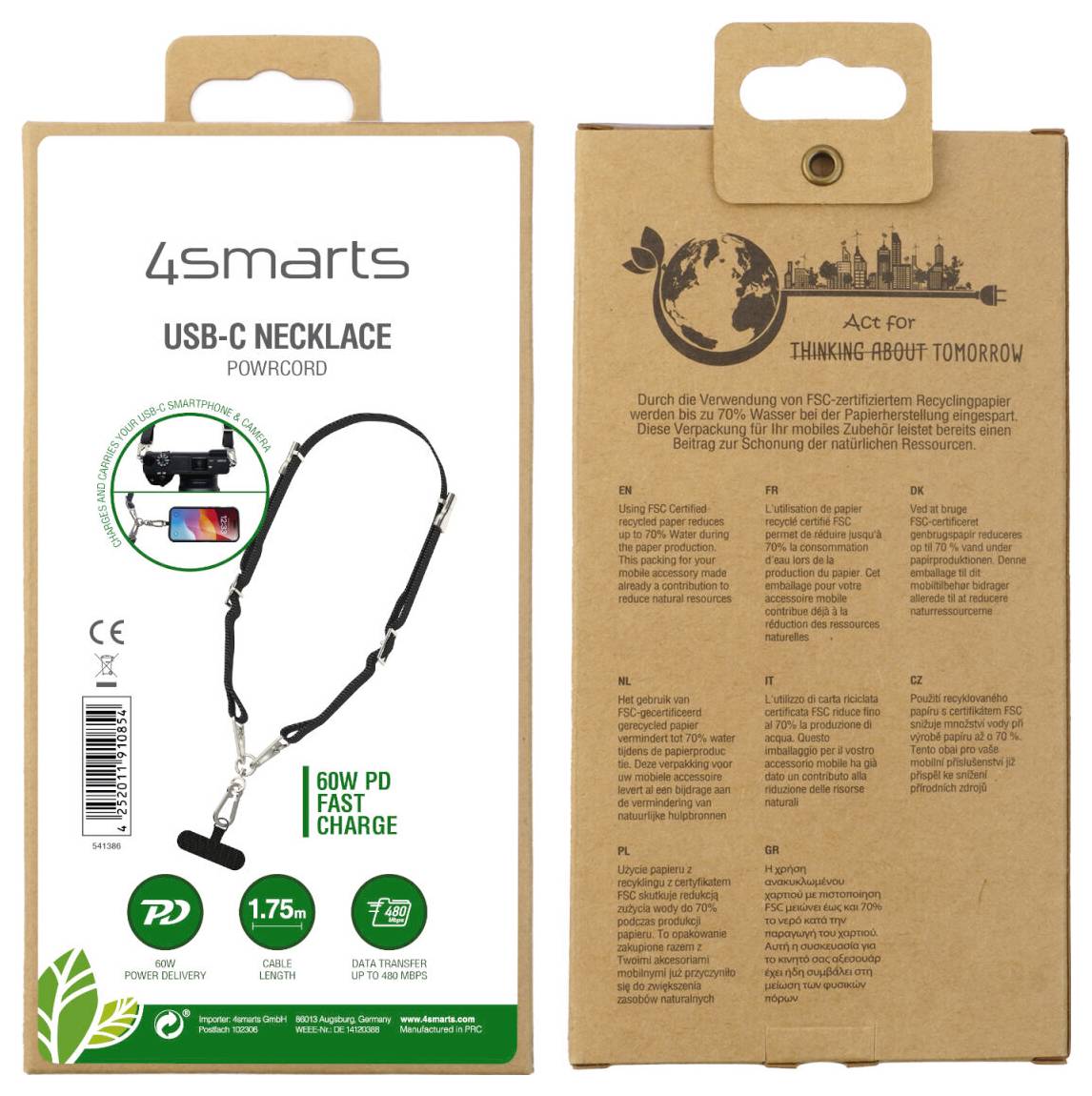 Balení '4smarts USB-C Necklace Powcord' s obrázkem produktu a funkcemi jako '60W PD Fast Charge'. Pokyny a informace o šetrnosti k životnímu prostředí na zadní straně.