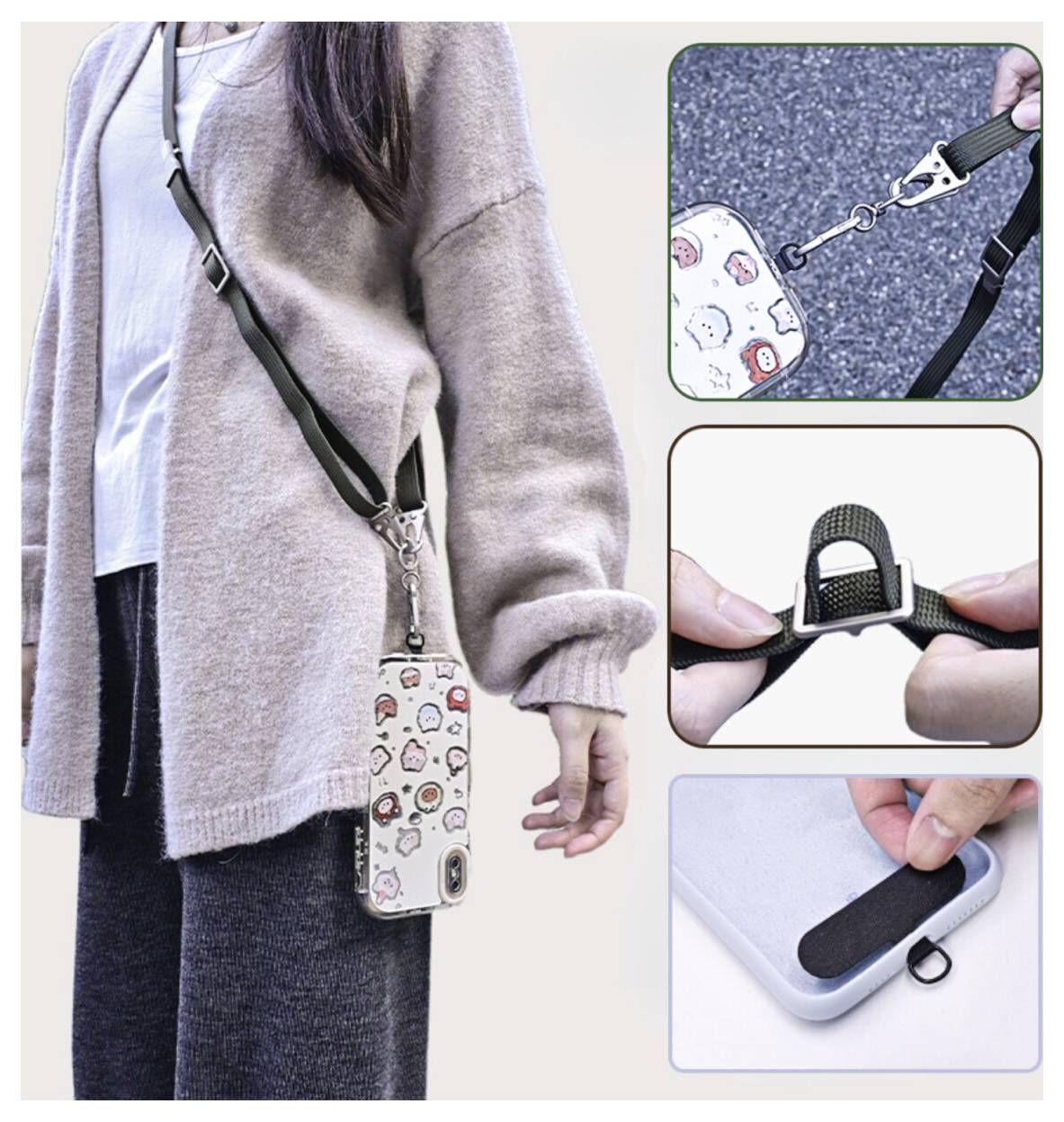Osoba nosící crossbody pouzdro na telefon s karikaturními vzory. Vložené obrázky ukazují clip na popruh, nastavitelnou přezku a pouzdro na telefon s připevněním popruhu.