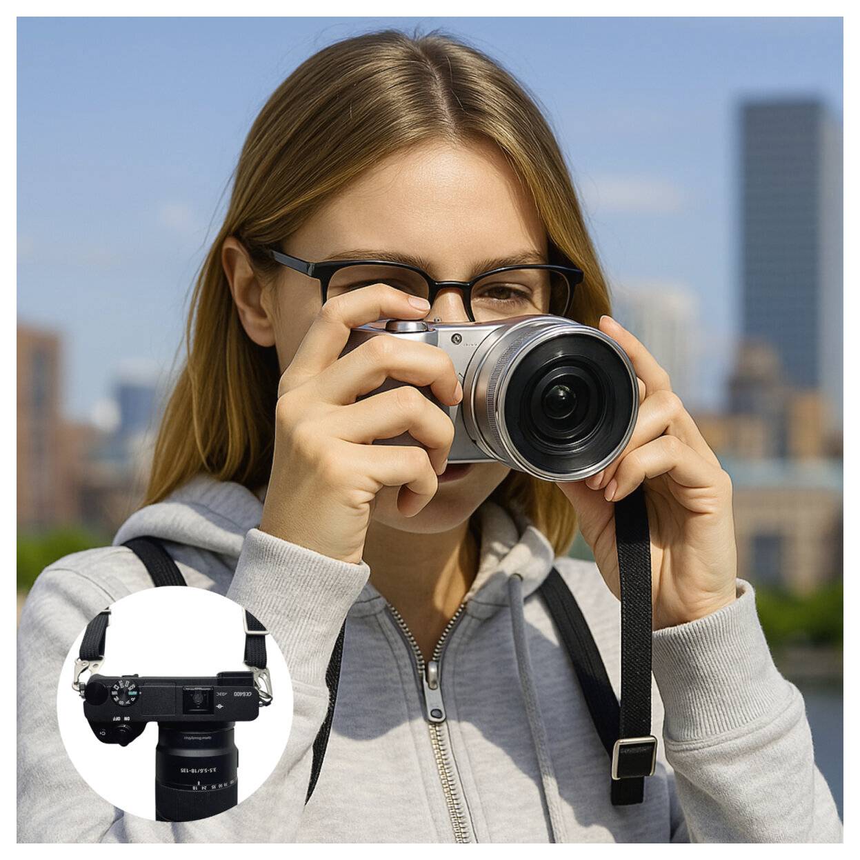 Osoba v brýlích a šedé mikině fotografující stříbrným fotoaparátem. V pozadí městská silueta. MalýDetail fotoaparátu v rogenu.