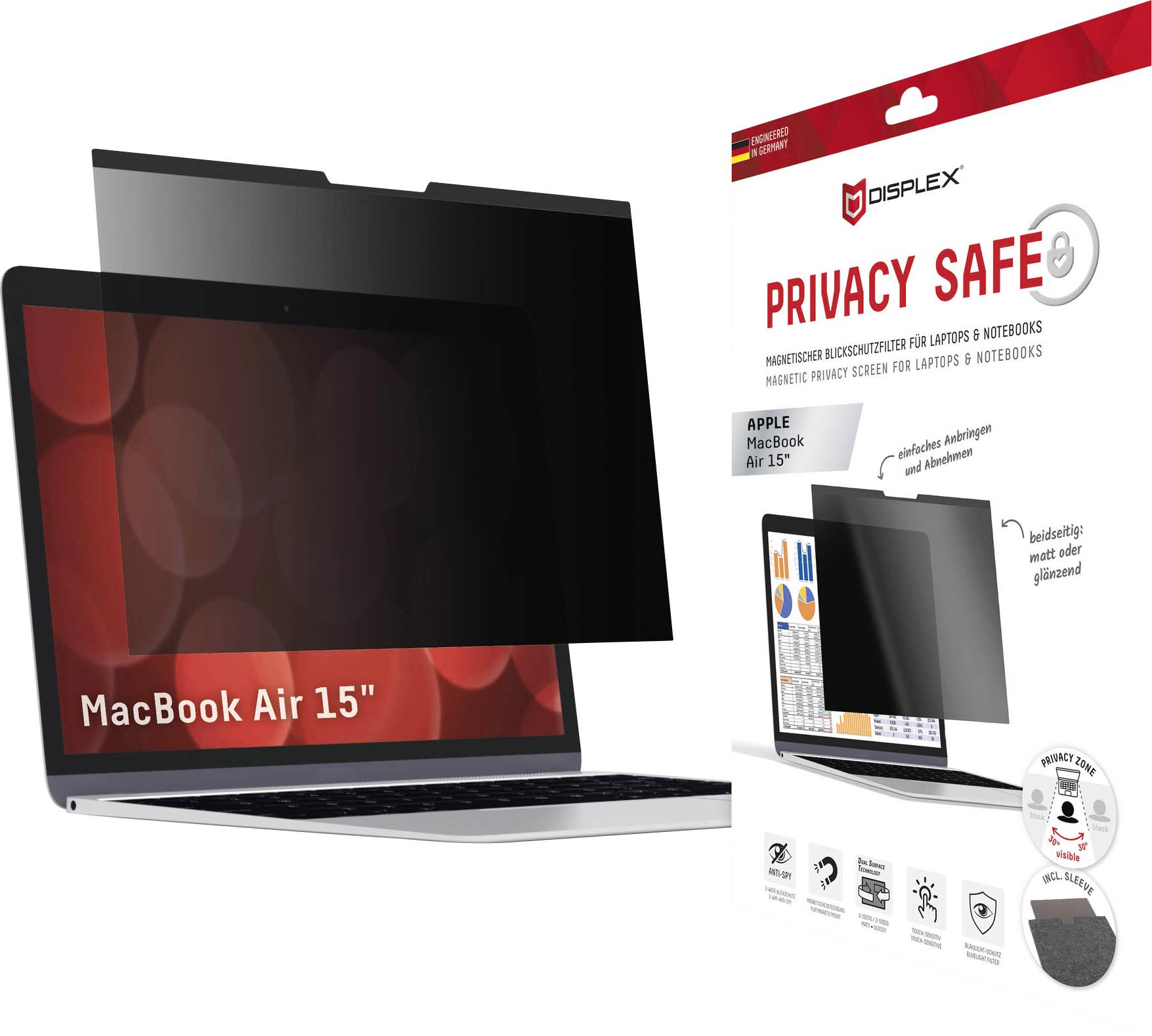 Laptop zobrazující graf vybavený ochrannou privátní obrazovkou. Balení na straně ukazuje značku 'Displex' a název produktu 'Privacy Safe' pro 15" MacBook Air.