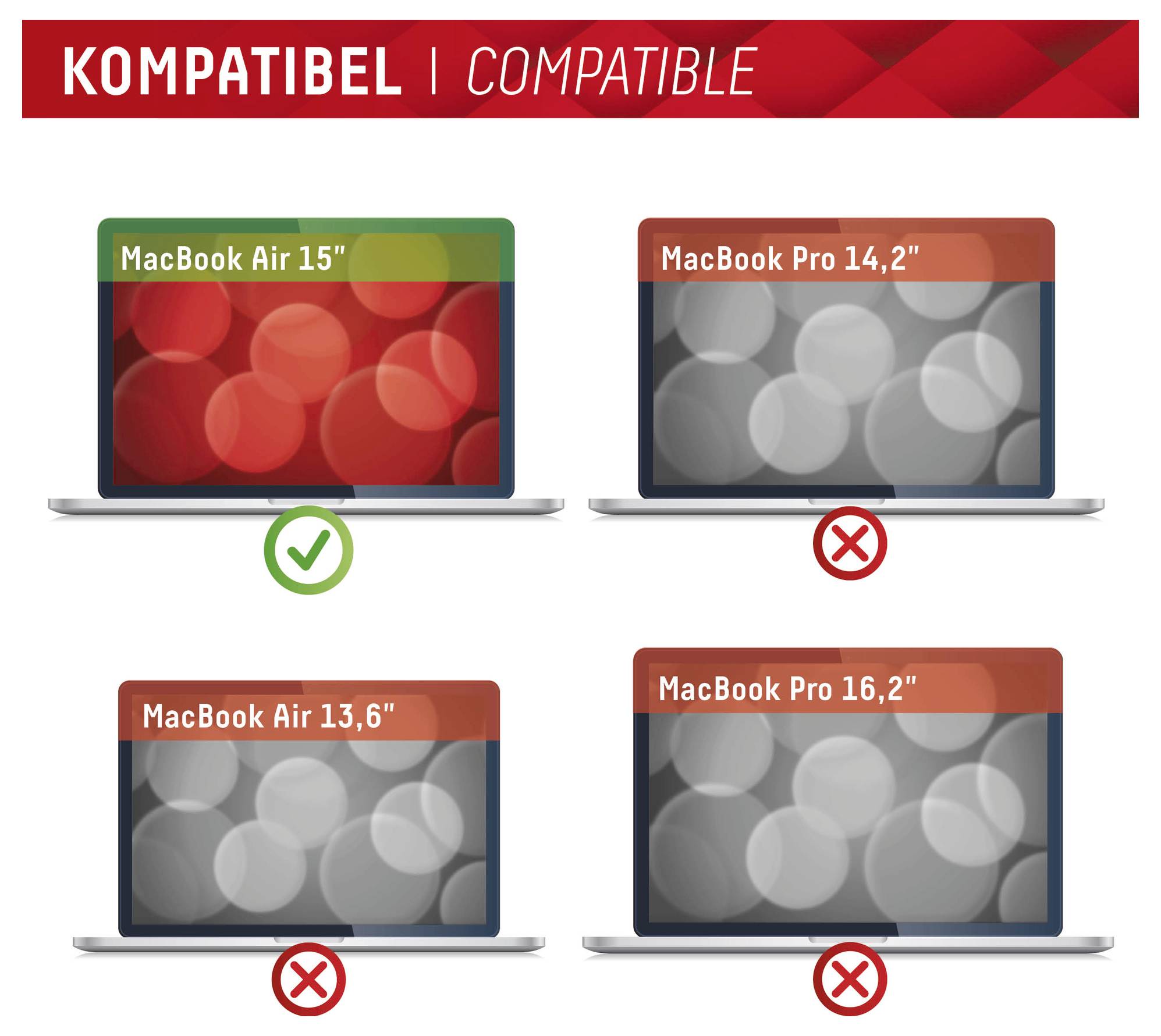Průvodce kompatibilitou ochranných fólií na obrazovku notebooku: Kompatibilní s MacBook Air 15", není kompatibilní s MacBook Pro 14,2", 13,6" nebo 16,2".