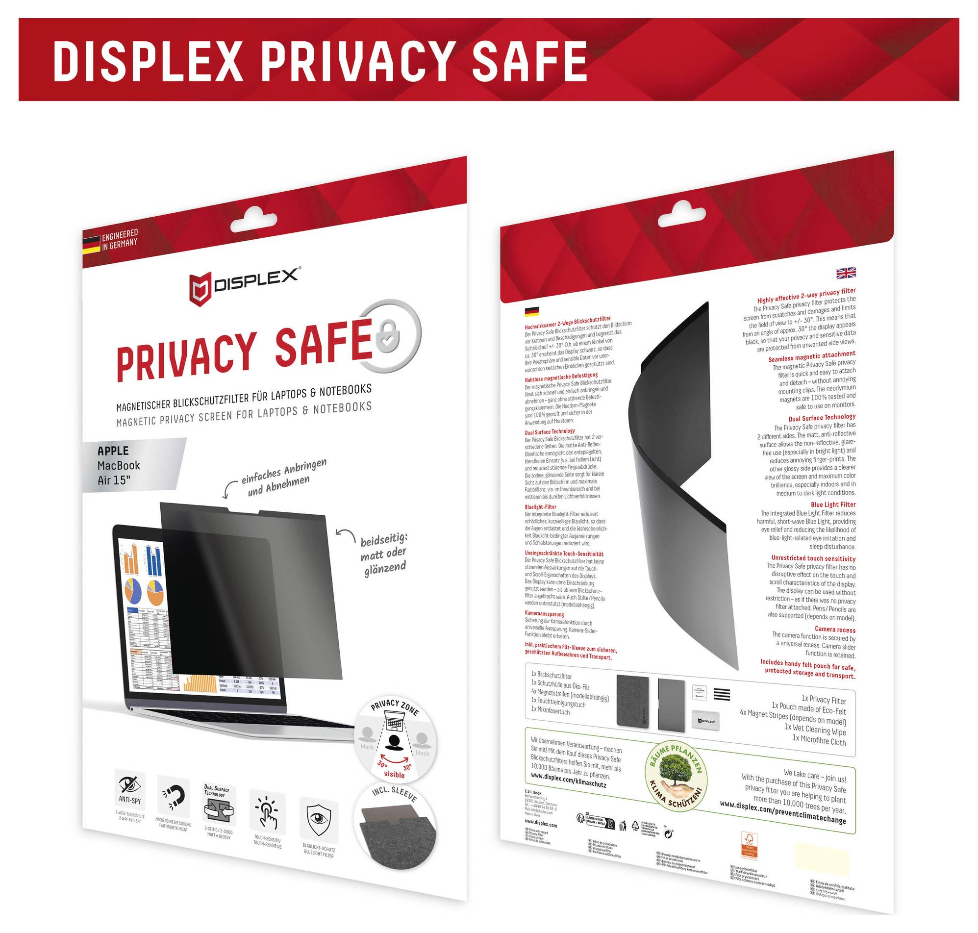 "Ochranné sklo DISPLEX Privacy Safe" pro obrazovku notebooku. Přední strana zobrazuje vlastnosti produktu; zadní strana poskytuje pokyny k instalaci ve více jazycích.