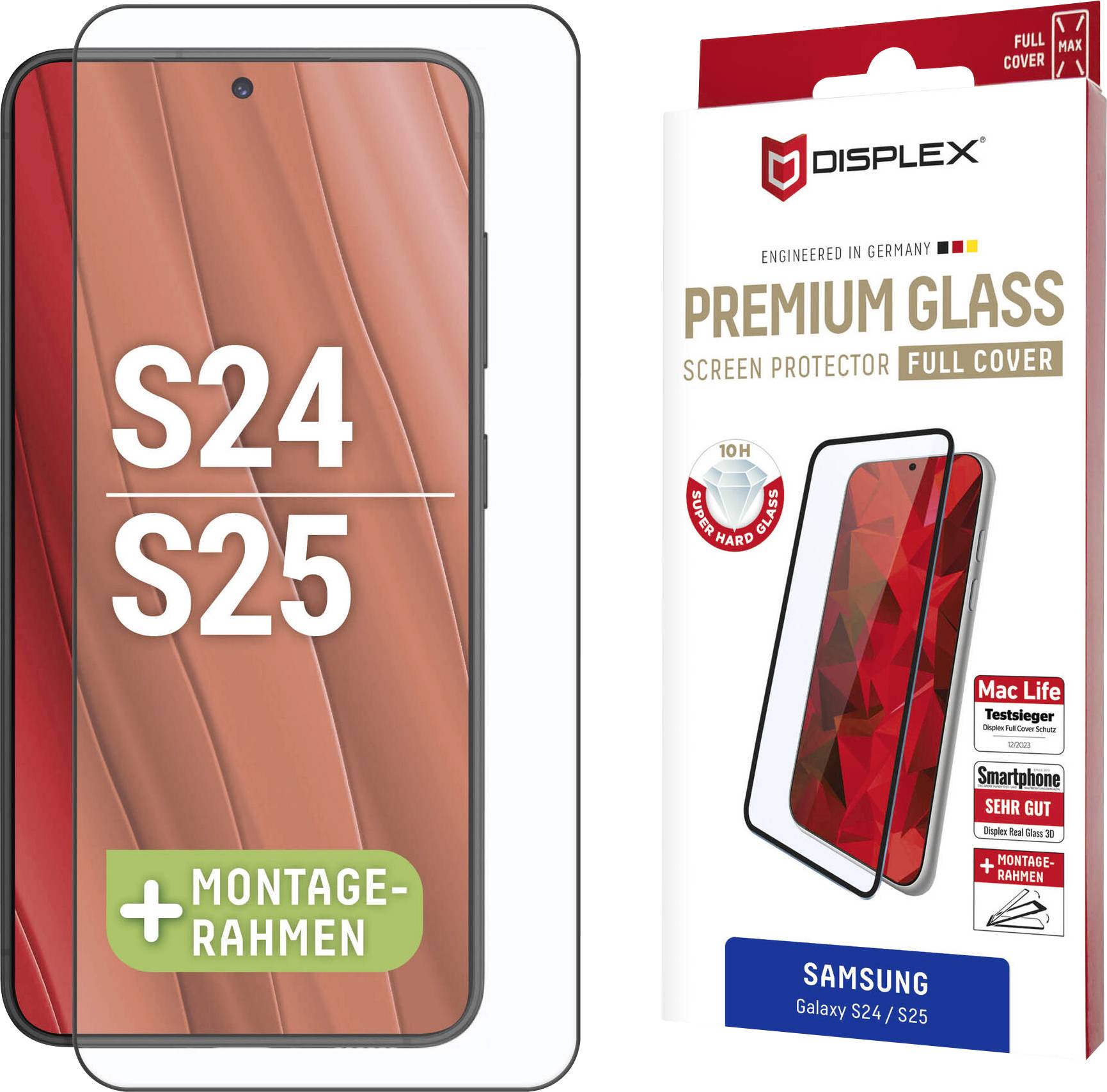 Obálka "Prémiové skleněné ochranné sklo" pro Samsung Galaxy S24/S25, včetně instalačního rámu. Vlastnosti produktu: úplné pokrytí, odolné proti poškrábání.