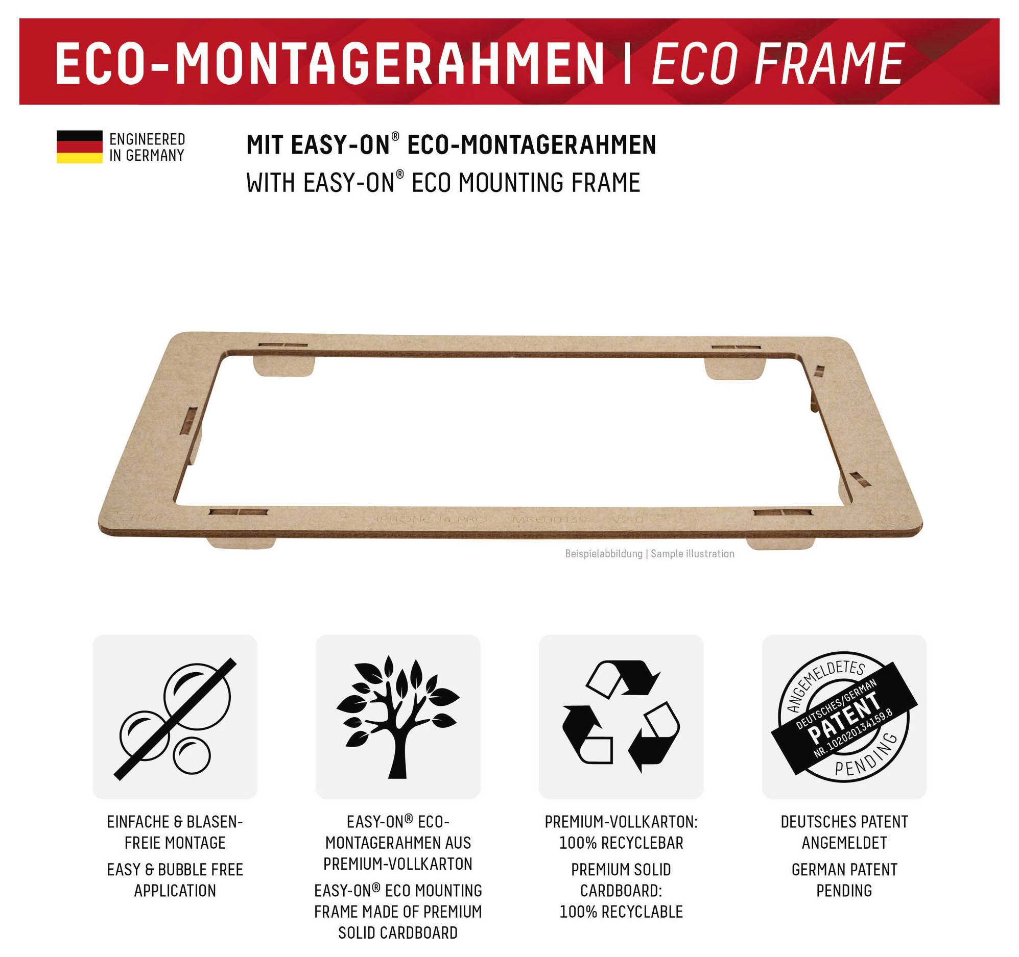 Grafika 'Eco Frame' ukazuje lepenkoový montážní rám. Mezi vlastnosti patří snadná instalace bez bublin, prémiová plně recyklováná lepenka a patentovaný německý design.