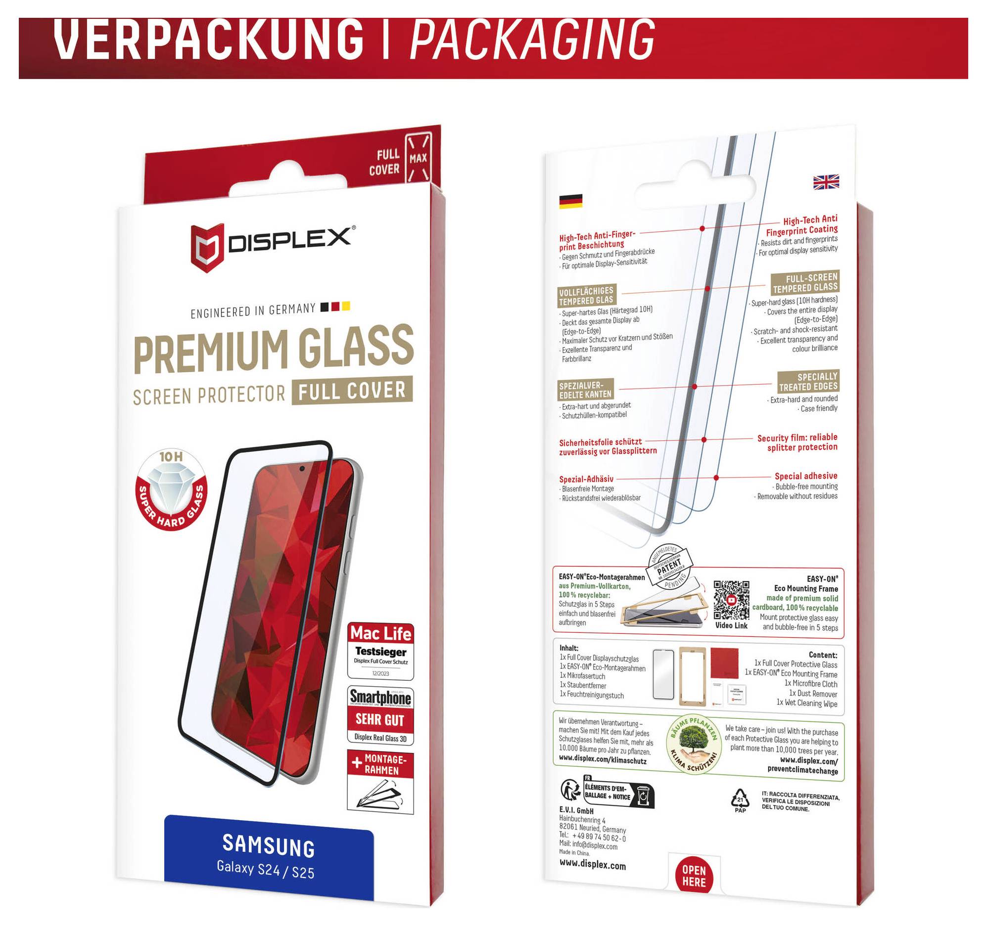 'DISPLEX Premium ochranné sklo na obrazovku pro Samsung Galaxy S24/S25.' Přední strana ukazuje obrázek ochranného skla; zadní strana uvádí vlastnosti a kroky instalace.
