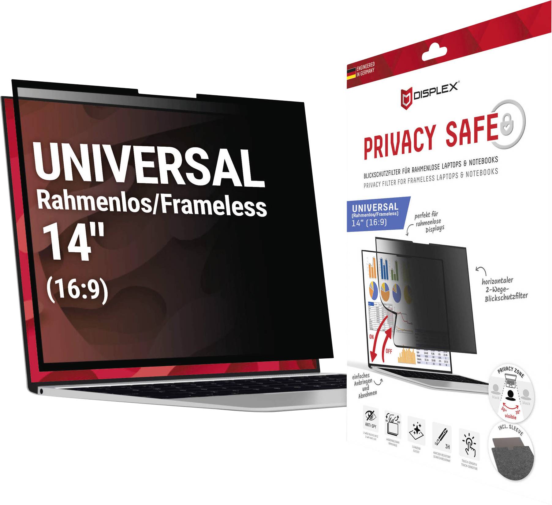 Obrazovka notebooku s textem "UNIVERSAL 14" (16:9) Rahmenlos/Frameless" vedle obalu označeného "PRIVACY SAFE" pro filtr obrazovky.