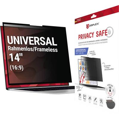 Obrazovka notebooku s textem "UNIVERSAL 14" (16:9) Rahmenlos/Frameless" vedle obalu označeného "PRIVACY SAFE" pro filtr obrazovky.