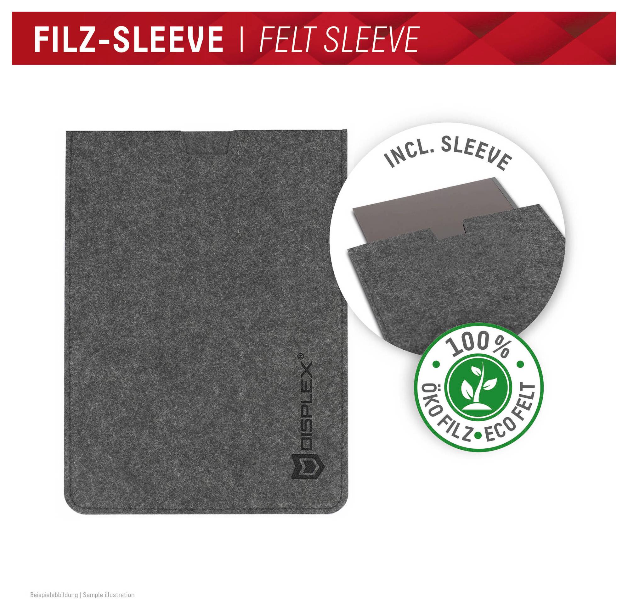 'FILZ-SLEEVE | FELT SLEEVE' obrázek zobrazuje šedý plstěný obal na laptop s logem 'DISPLEX', zdůrazňující vlastnost '100% Öko Filz | Eco Felt'.