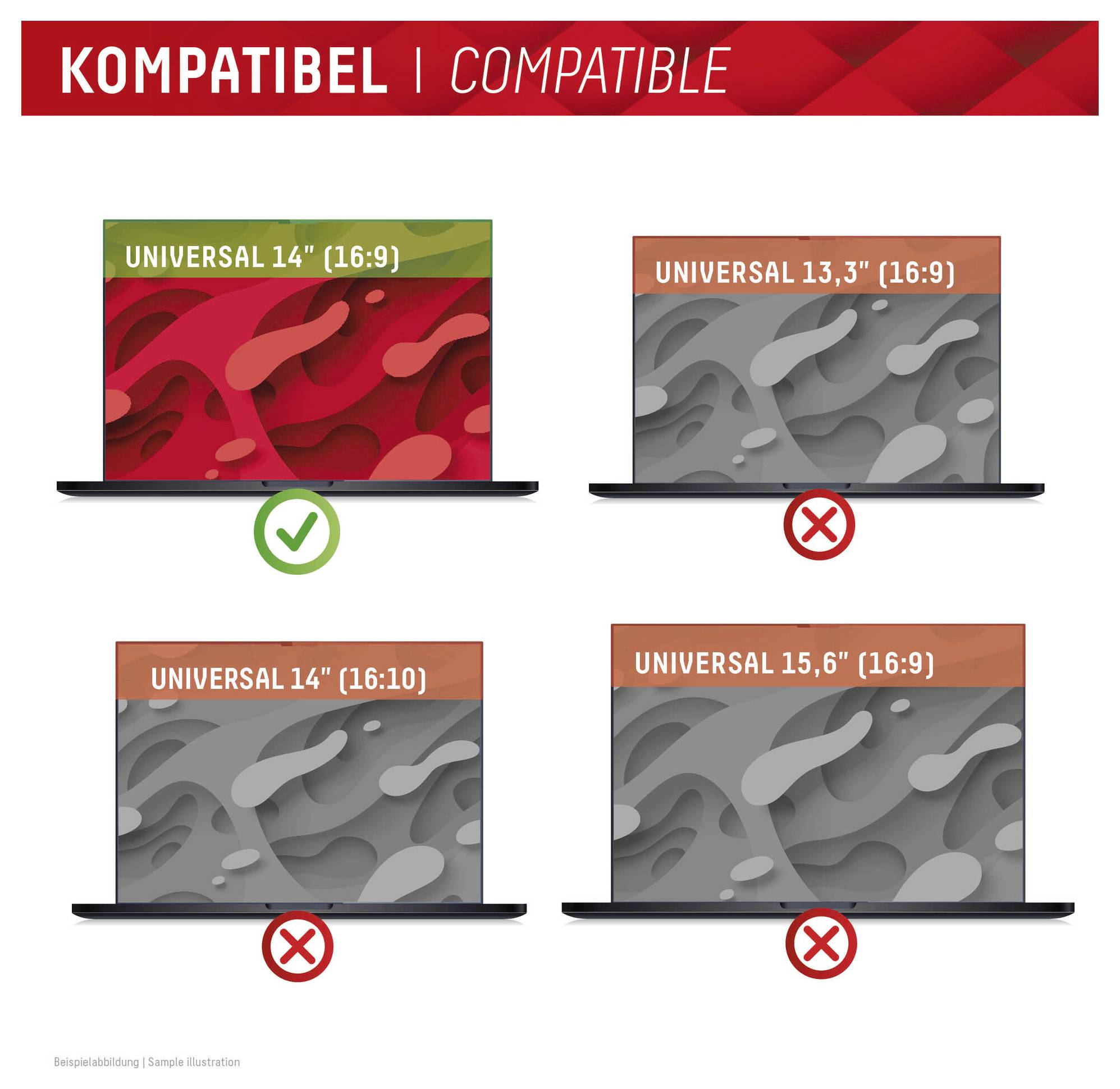 Kompatibilní | Kompatibilní<br><br>Čtyři notebooky označené jako „Universal 14" (16:9)", „Universal 13,3" (16:9)", „Universal 14" (16:10)" a „Universal 15,6" (16:9)". První má zelenou značku zaškrtnutí, ostatní mají červené X.