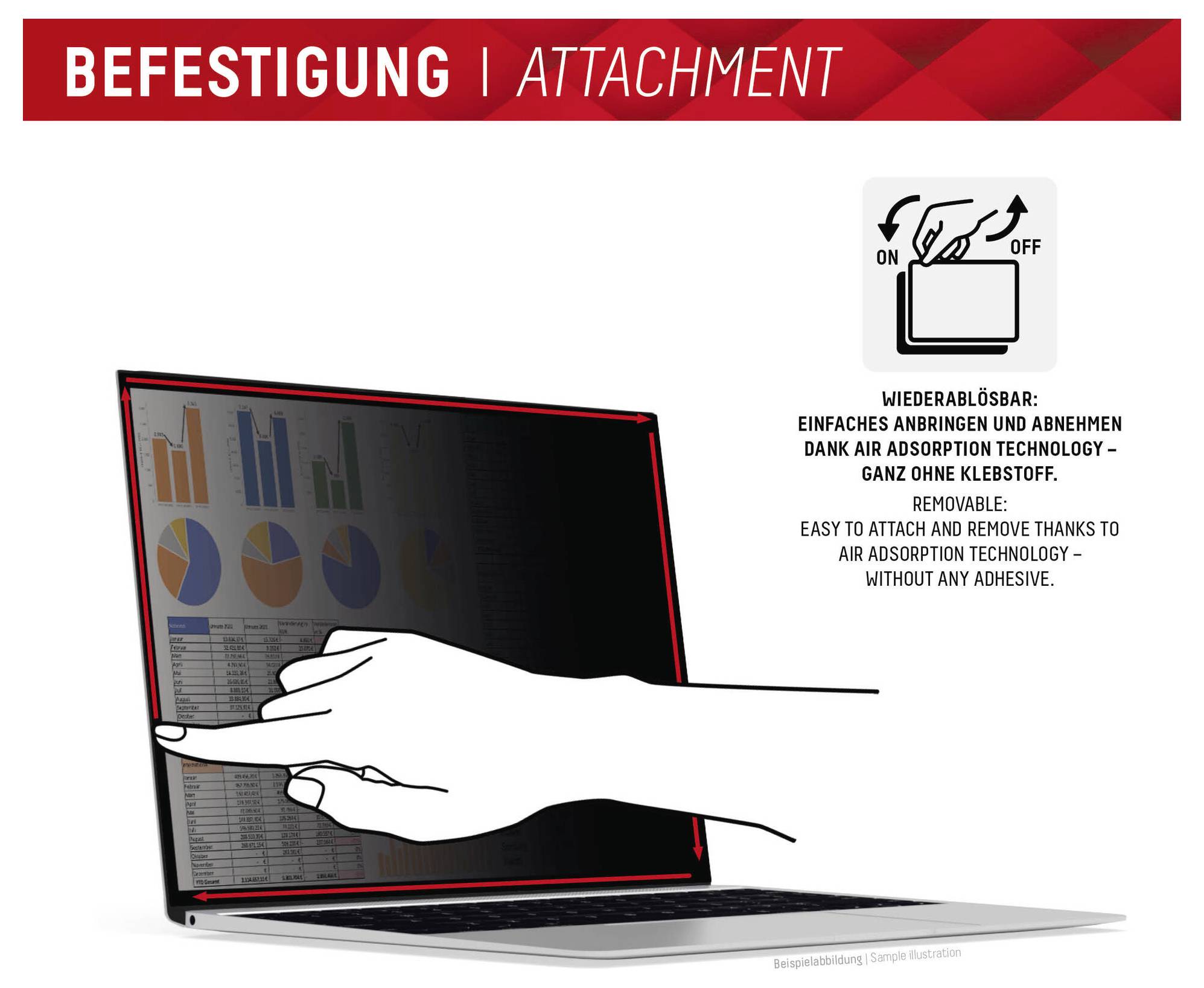 'Befestigung | Montáž': Diagram ukazuje ruku instalující odnímatelný kryt obrazovky notebooku. Text zdůrazňuje technologii adheze bez lepidla pomocí vzduchové adsorpce.