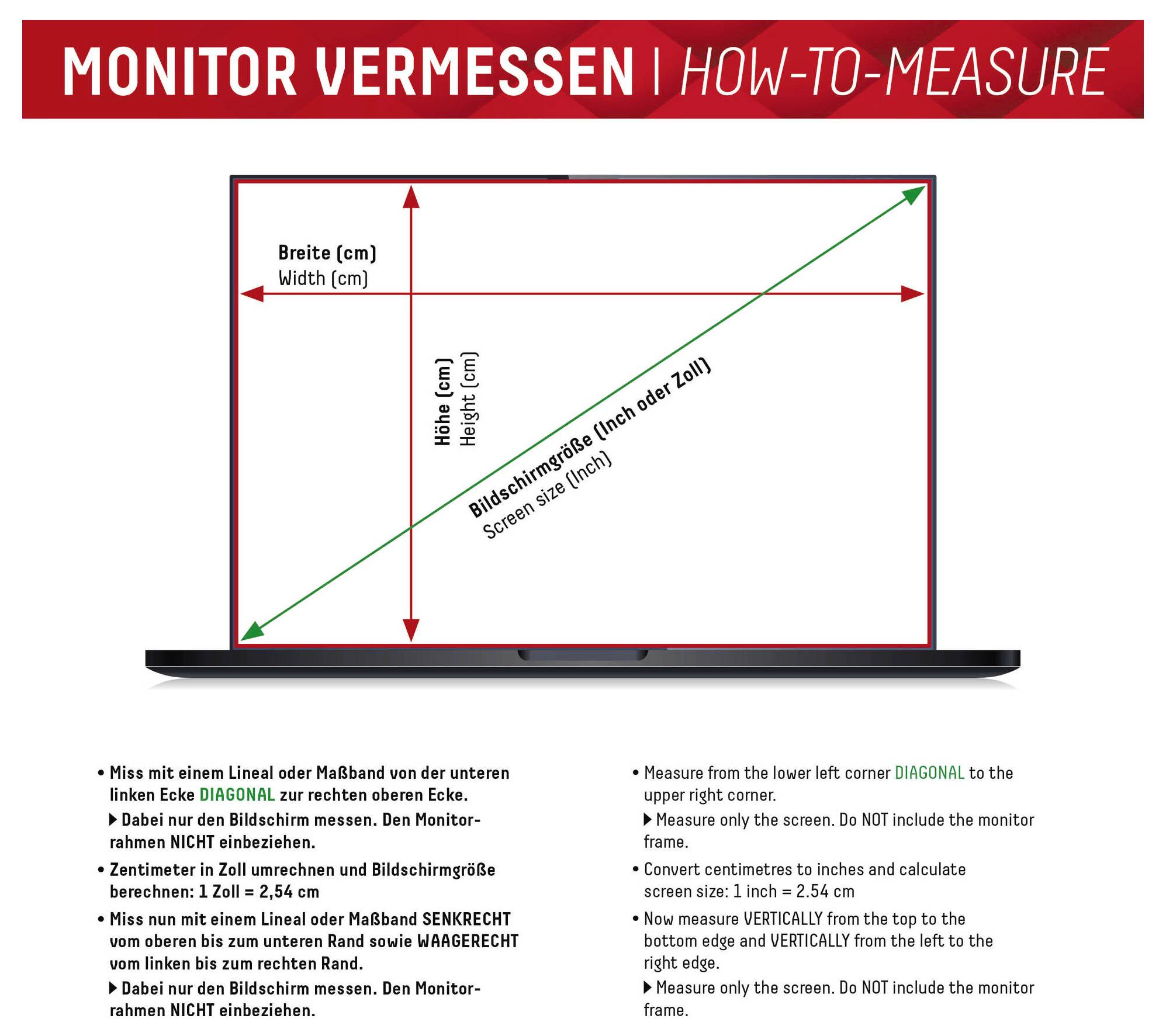 Průvodce "Jak měřit monitor" zobrazuje obrazovku se šipkami: Šířka (cm), Výška (cm) a Úhlopříčka. Pokyny jsou uvedeny v angličtině a němčině.
