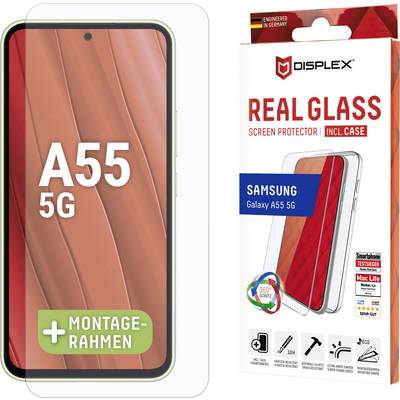 Telefon "Samsung Galaxy A55 5G" s ochranným sklem "Displex Real Glass Screen Protector" znázorněný na obalu.