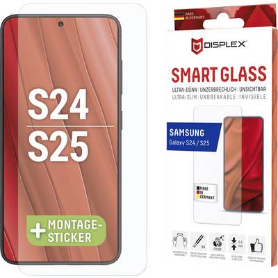 Ochranné sklo 'Smart Glass' pro Samsung Galaxy S24/S25 od společnosti Displex. Zobrazuje obrázek produktu, označení 'Vyrobeno v Německu' a nálepku pro instalaci.