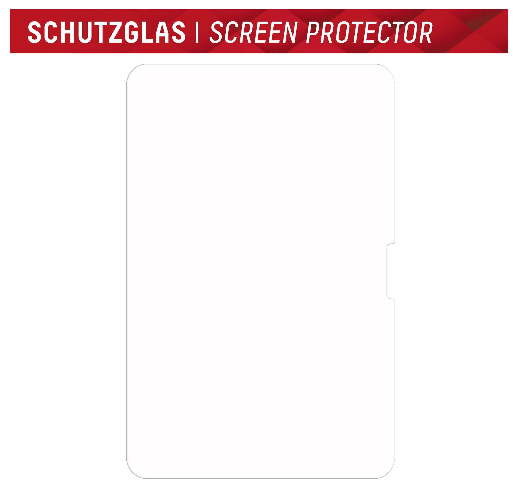 Bílá ochranná fólie na displej s nápisem „SCHUTZGLAS | SCREEN PROTECTOR" v červené barvě nahoře.
