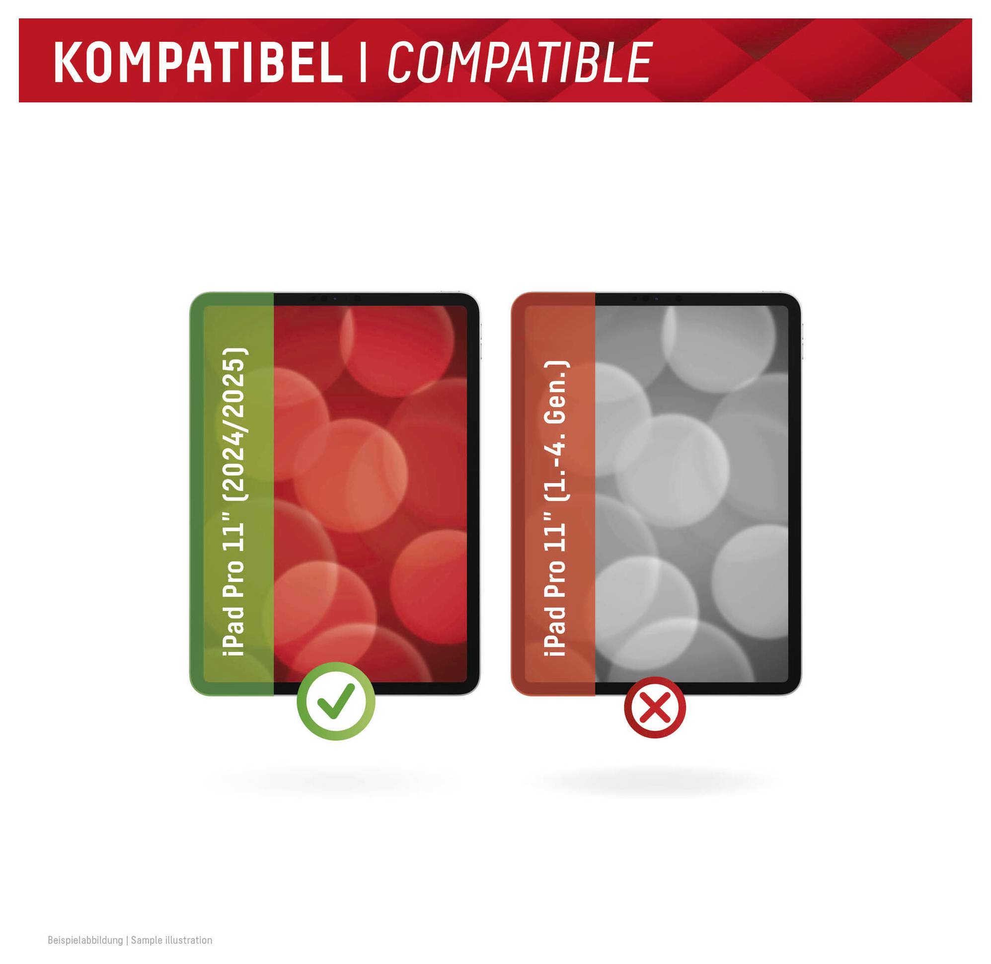 "KOMPATIBILNÍ | KOMPATIBILNÍ" banner. Zelená značka zaškrtnutí pro "iPad Pro 11 (2024/2025)"; červený křížek pro "iPad Pro 11 (1.-4. Gen)".