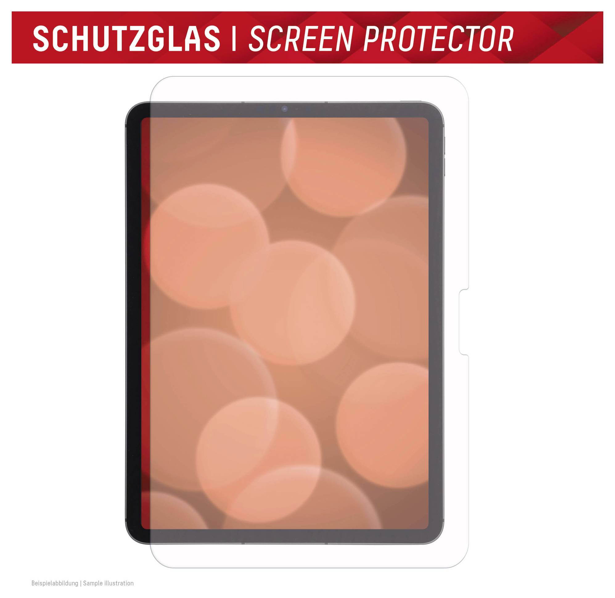 'Ochranné sklo Screen Protector' - text zobrazený nad obrysem tabletu s abstraktním pozadím oranžových bublin.