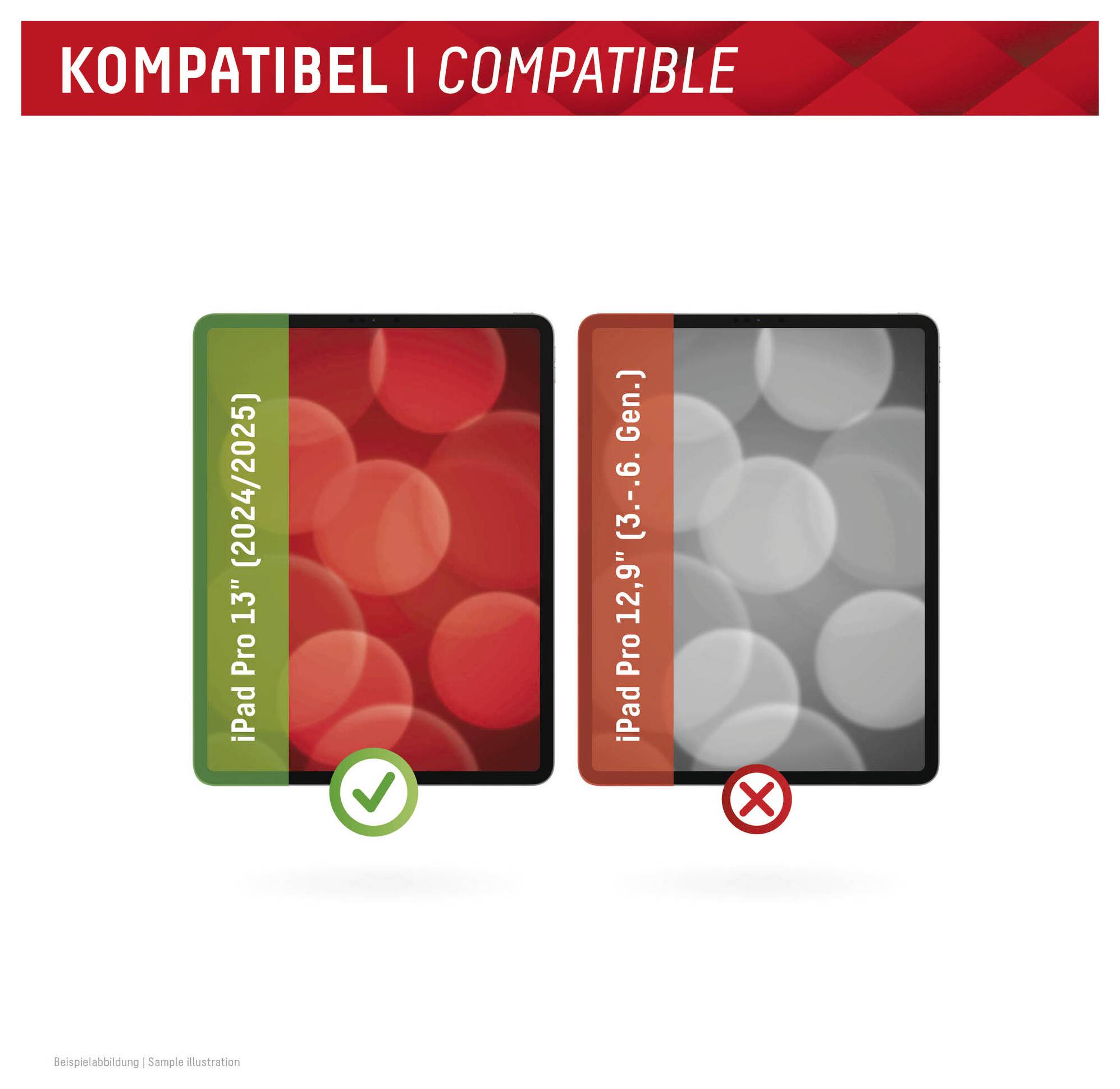 'KOMPATIBEL | COMPATIBLE' text above two tablets. Left tablet (iPad Pro 13" 2024/2025) has a green check mark, right tablet (iPad Pro 12.9" 3-6 Gen.) has a red X mark.