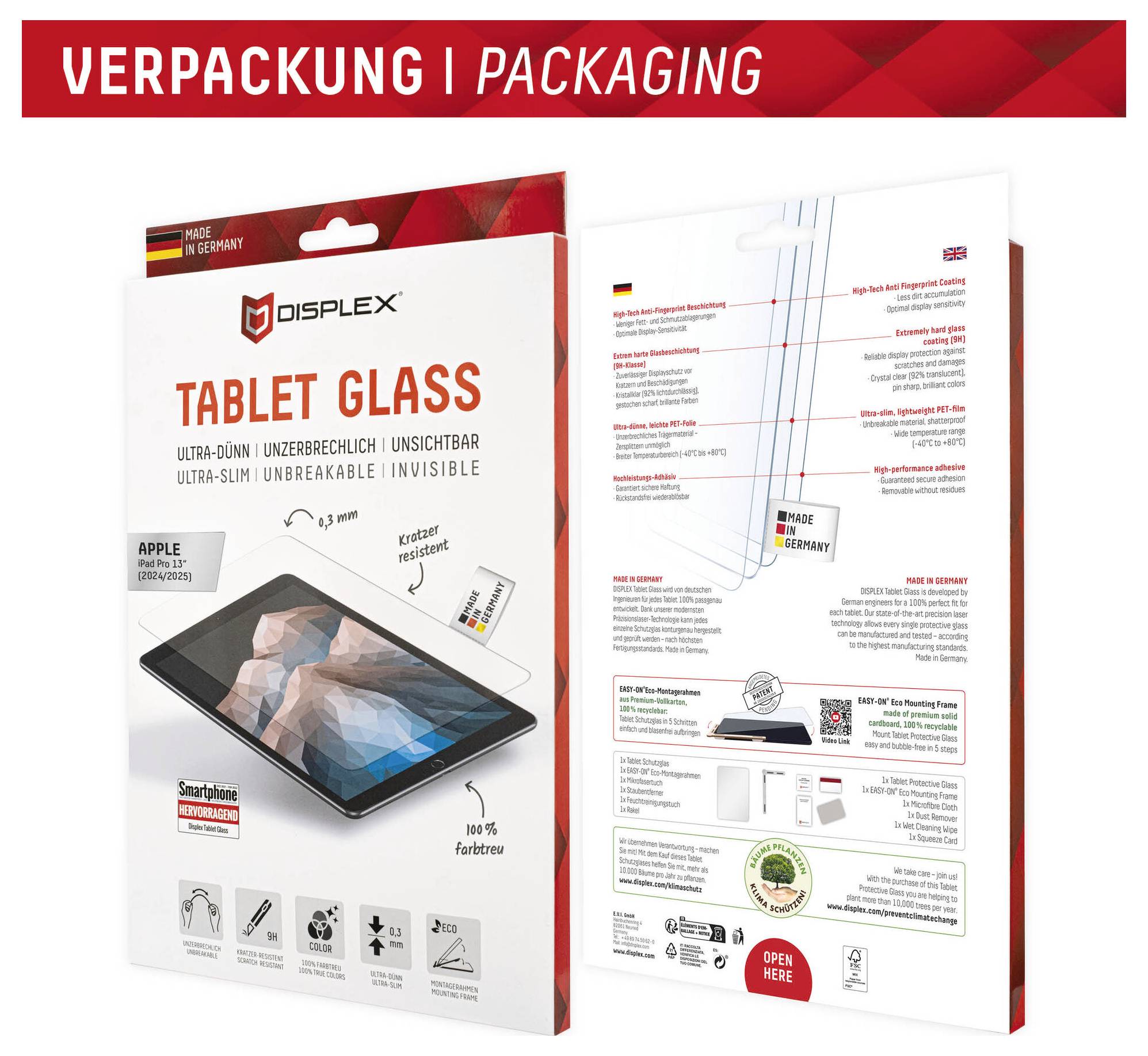 VERPACKUNG | BALENÍ<br><br>Tabletové sklo Displex s balením, které zahrnuje vlastnosti jako ultra tenké, nerozbitné a neviditelné design.