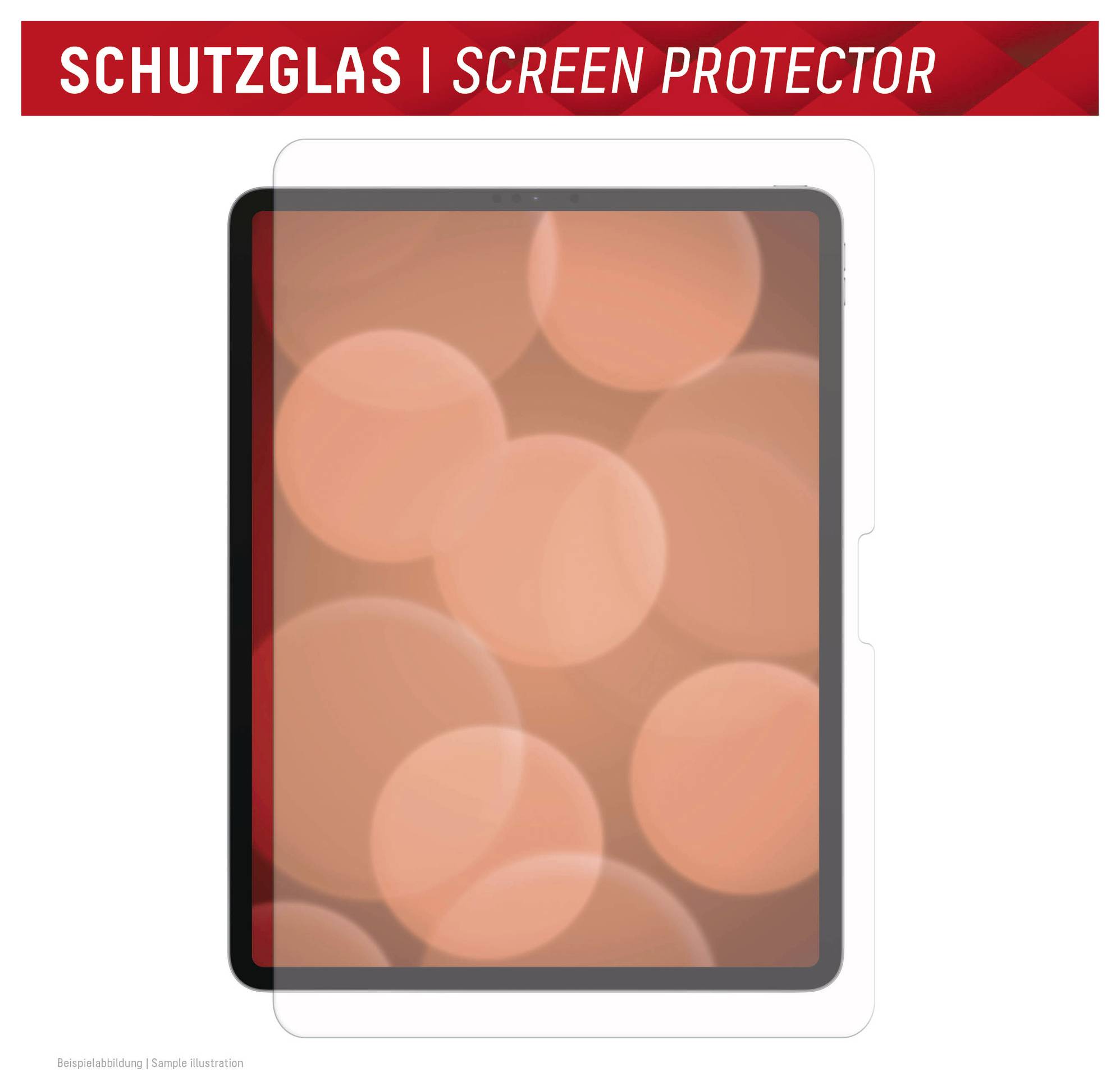 Ochranné sklo překrývající displej tabletu s rozostřeným oranžovým bokeh pozadím. Červený banner nahoře zní "Schutzglas | Screen Protector".