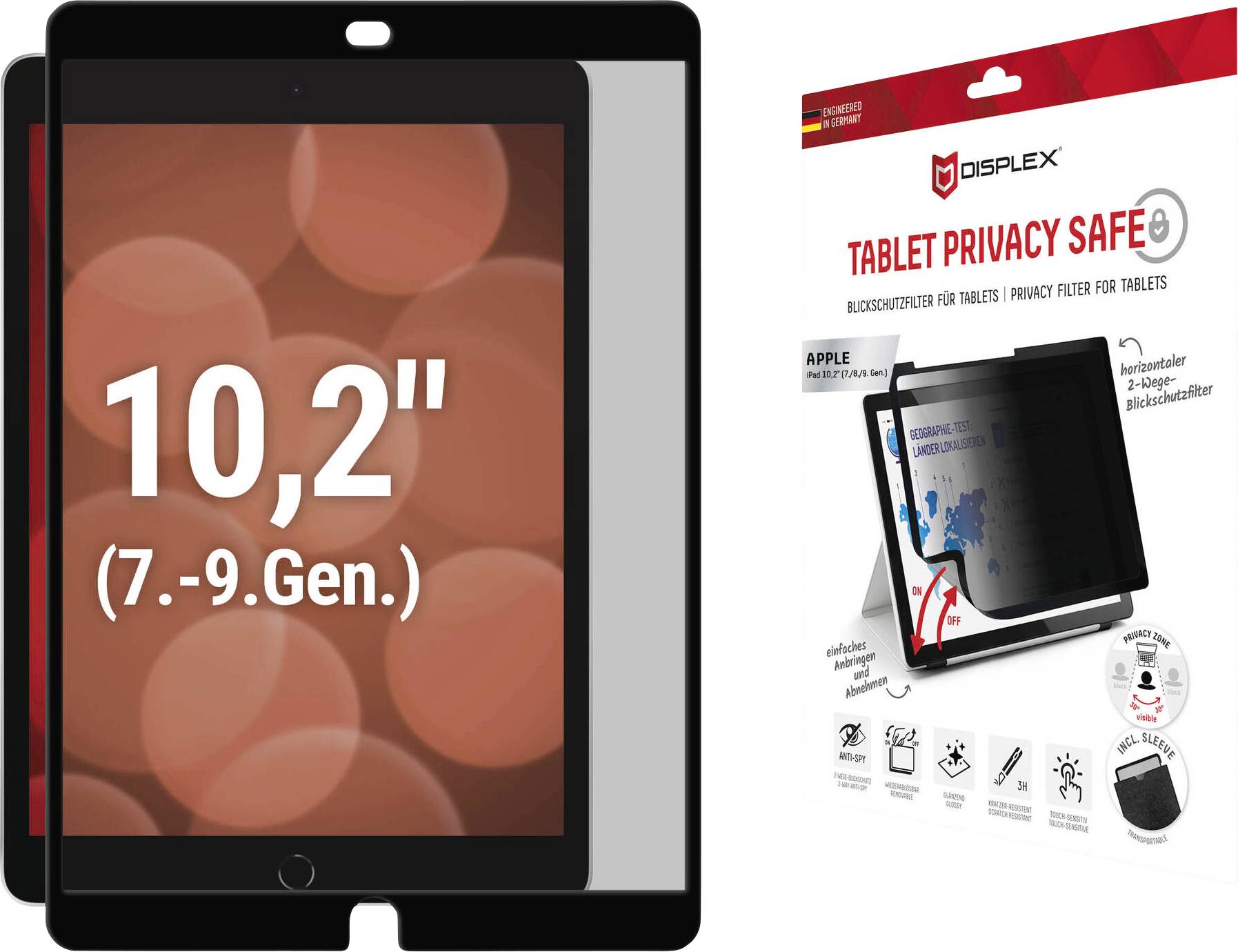 Ochranné sklo „Tablet Privacy Safe" pro iPad 10,2 palce (7. až 9. generace) s funkcí anti-glare a zobrazenými instalačními nástroji.