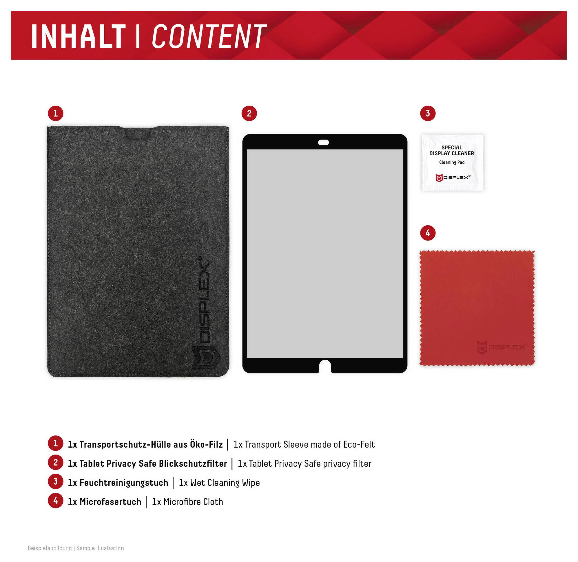 OBSAH | OBSAH zahrnuje: 1x Přepravní pouzdro (Eco-Felt), 1x Tablet Privacy Safe (matný), 1x Vlhčený čisticí ubrousek, 1x Mikrovlákenná tkanina.