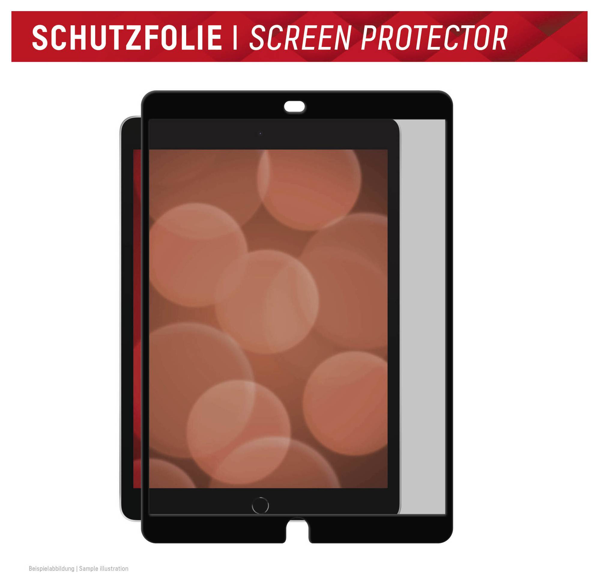 Ochranná folie na tablet s červeně tematickým pozadím. Text zní "Schutzfolie | Ochranná folie."