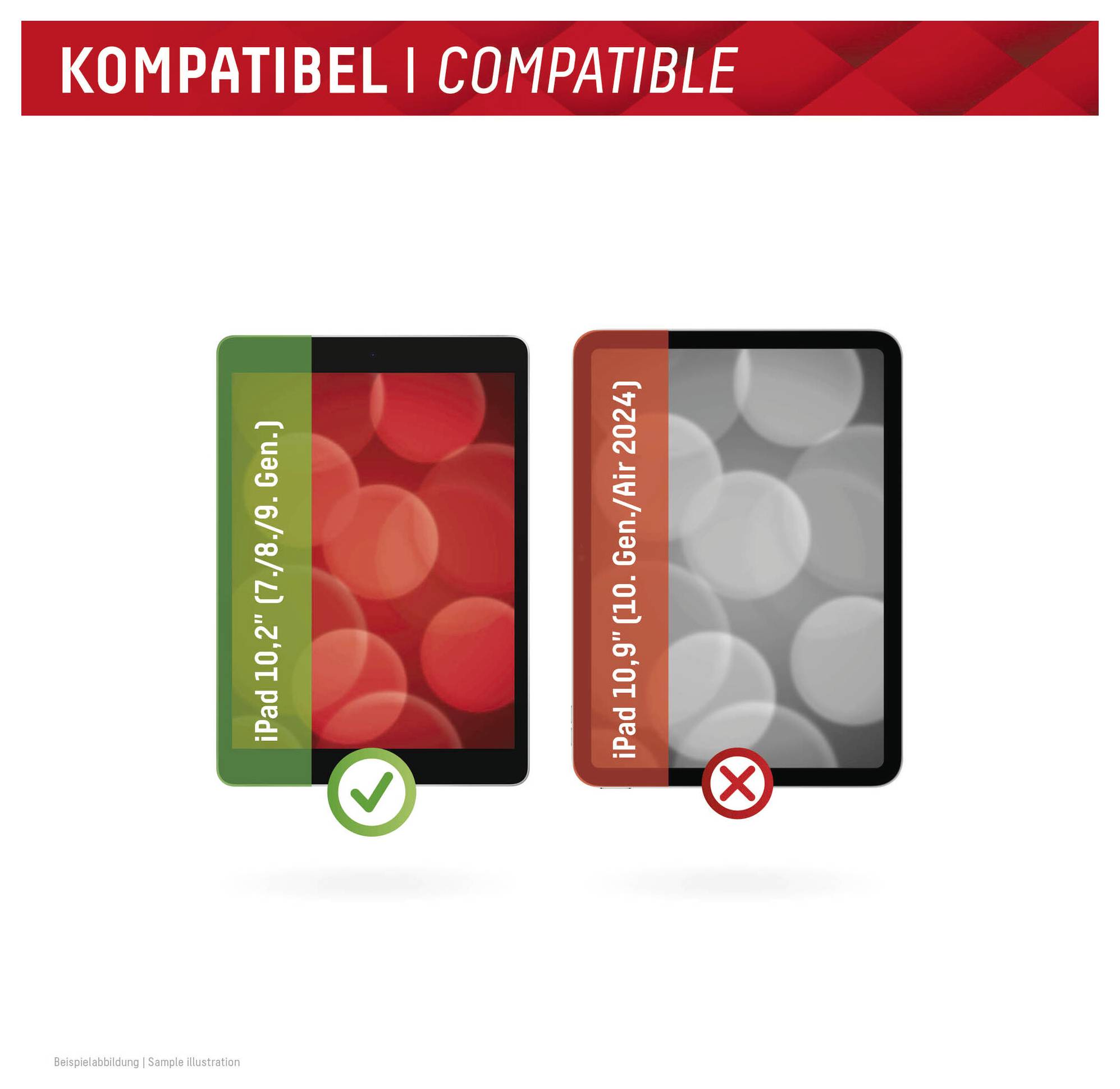 'KOMPATIBILNÍ | KOMPATIBILNÍ' text nad dvěma tablety. Levý tablet má zelené zaškrtnutí a zobrazuje 'iPad 10.2"' zeleně. Pravý má červené X pro 'iPad 10.9"'.