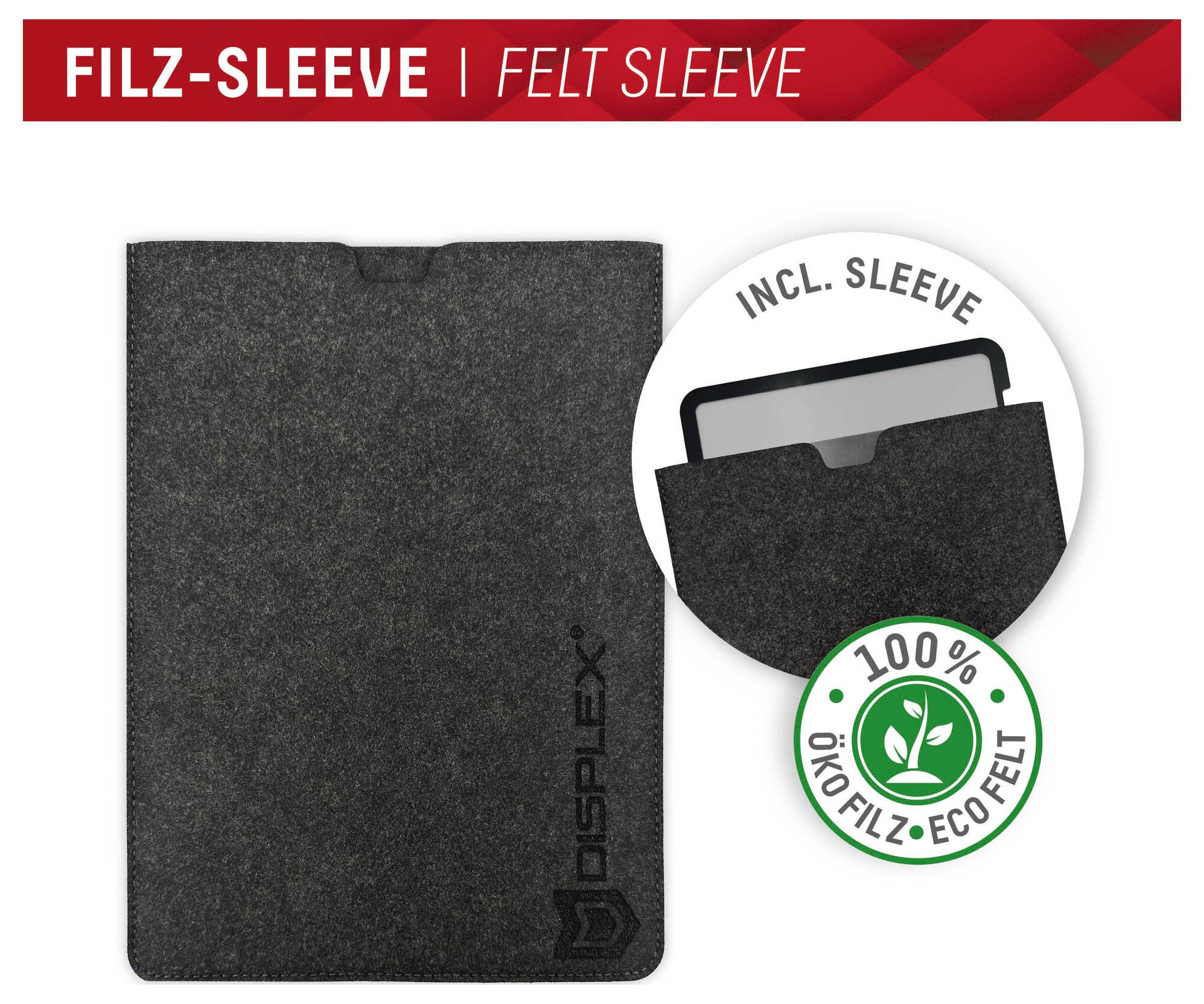 Černý plstěný obal na zařízení s logem "DISPLEX", navržený pro ochranu zařízení, obsahuje vložku a je vyroben ze 100% ekologického polstění.