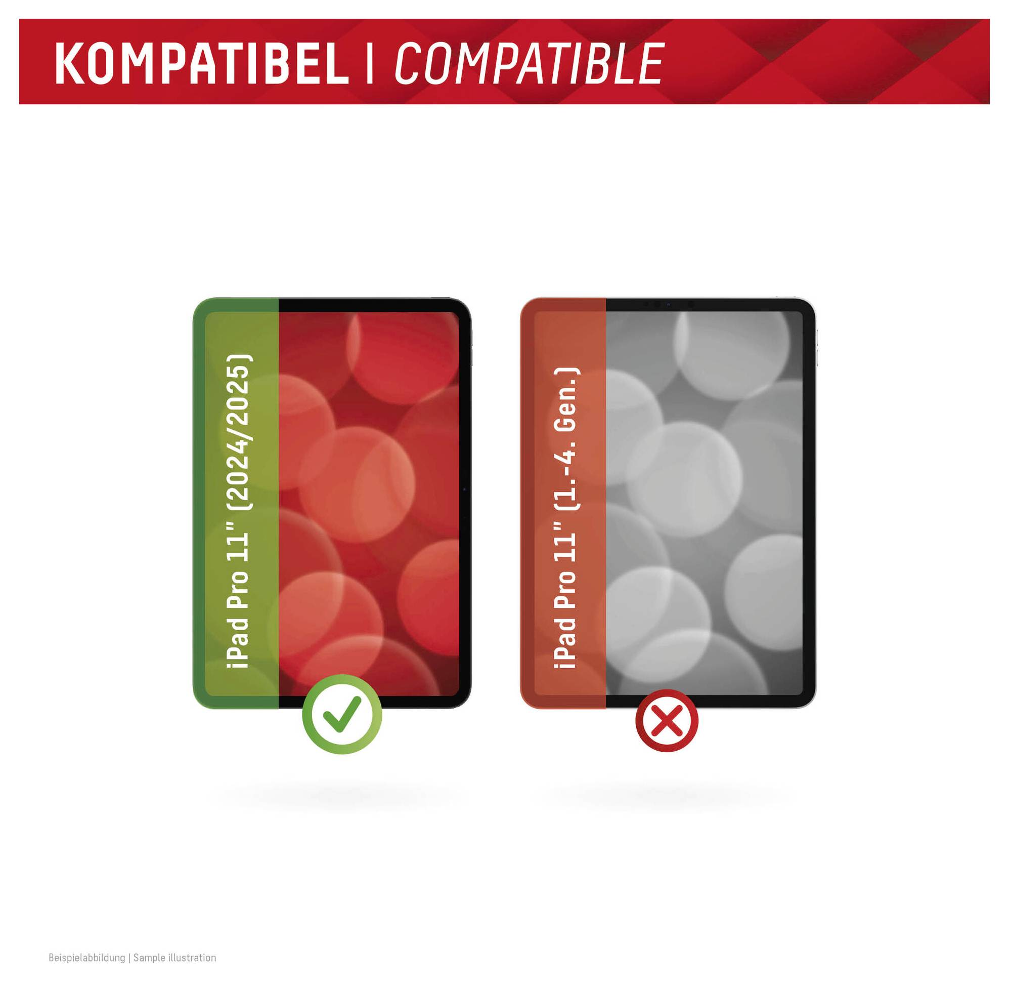 'KOMPATIBEL | COMPATIBLE': Dvě tablety ukazují kompatibilitu; levá tabletka označená 'iPad Pro 11 (2024/2025)' se zeleným háčkem; pravá tabletka 'iPad Pro 11 (1.-4. Gen.)' s červeným křížkem.