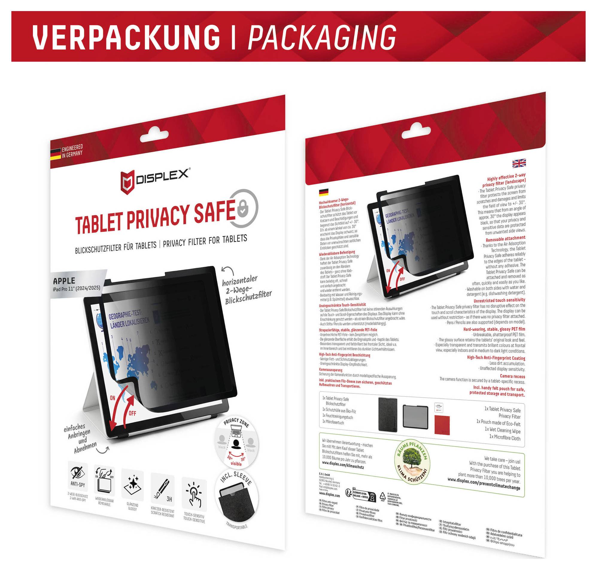 Balení „Displex Tablet Privacy Safe" pro tabletů Apple zobrazuje ochranné sklo displeje, ikony funkcí a vícejazyčné podrobnosti o produktu.