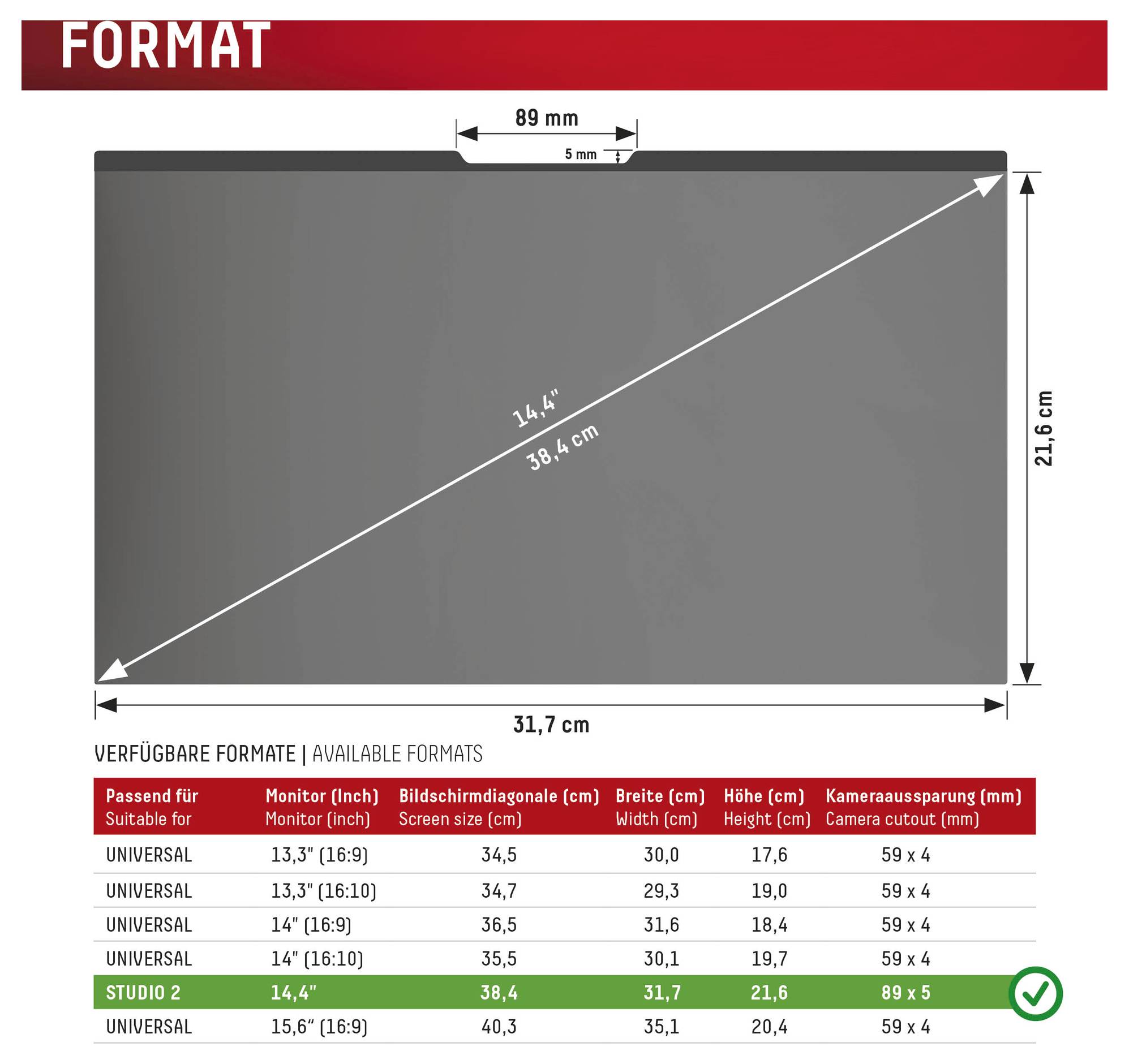 Tabulka "FORMÁT" zobrazující velikosti obrazovky pro různé modely monitorů, včetně jejich rozměrů v palcích a centimetrech.